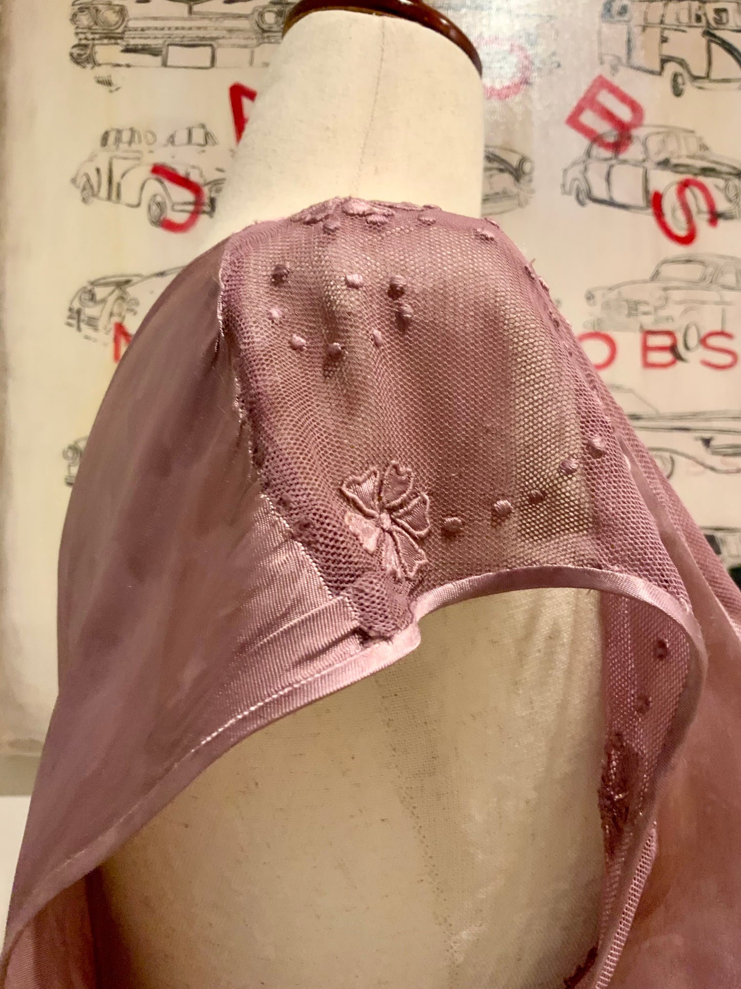 1930s Hand Dyed Mauve Bias Cut Evening Dress. Restyled Vintage Satin Gown.Embroidered Tulle.Lulu Boop Vintage-30CW