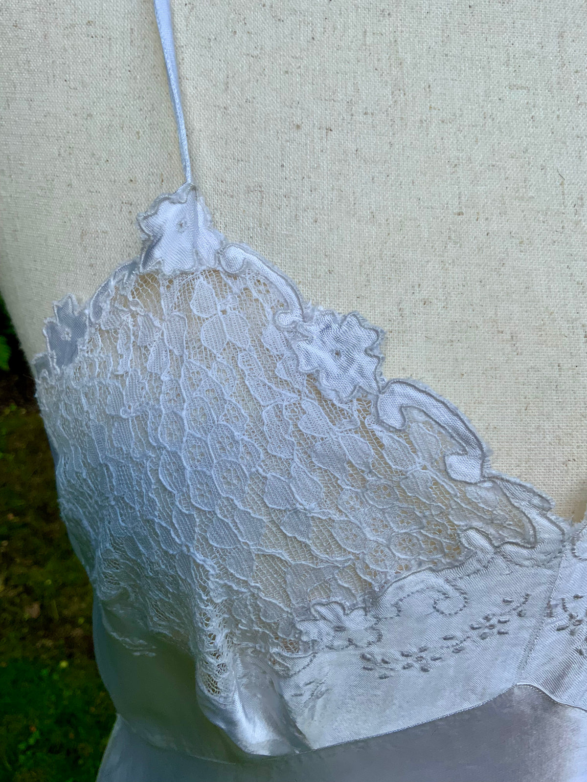 1930s White Satin Bias Cut Slip Dress with Floral Lace .40BT