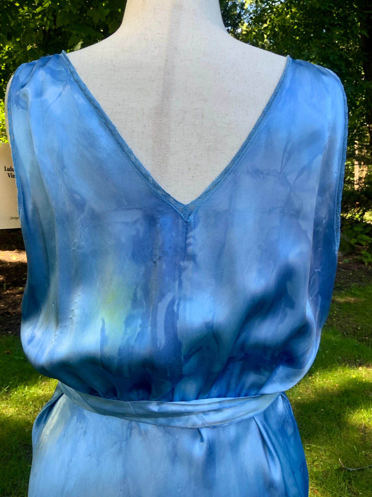 1930s Hand Dyed Blue Bias Cut Satin Nightgown with Lace.40BZ