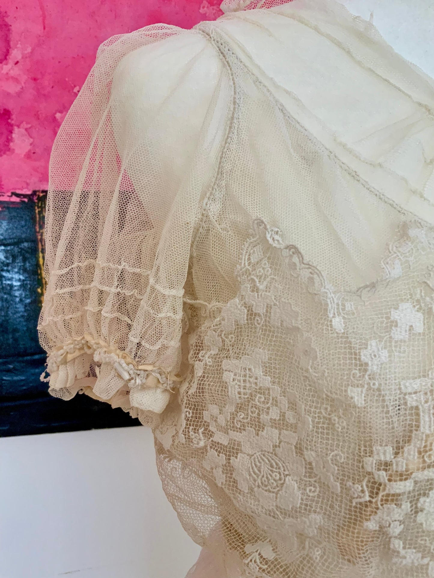 Antique Tulle Dress -Filet Lace – Early 1900s – ED40