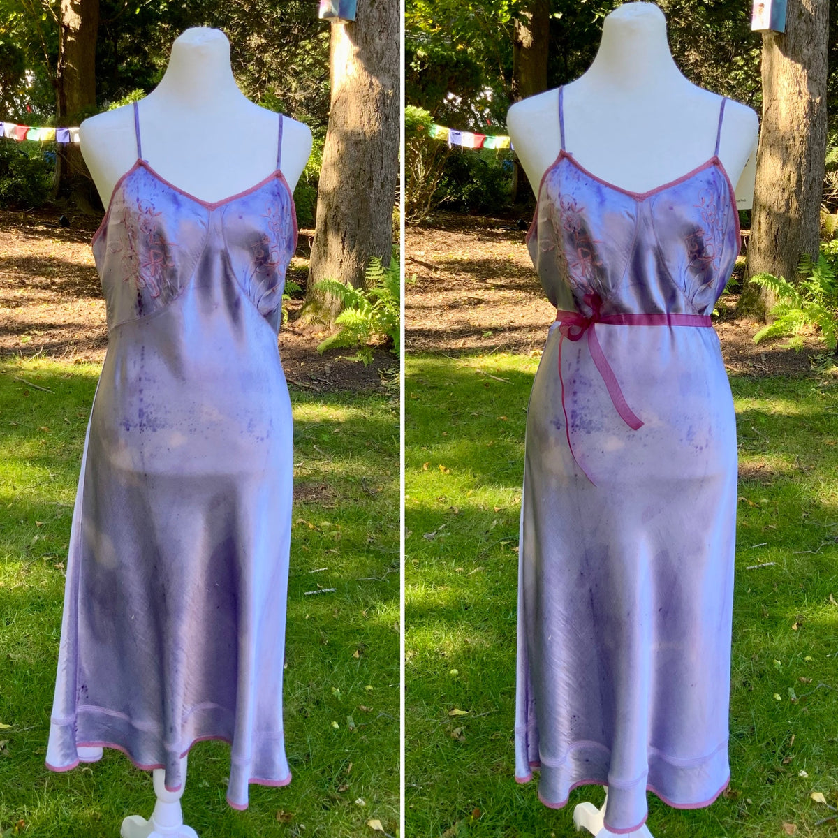 1930s/40s  Hand-Dyed Lilac Satin Slip Dress with Floral Embroidery.40BV
