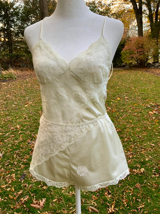 Vintage Bob Mackie for Glydons Ivory Lace & Satin Teddy | Late 1970s Designer Lingerie- 70X