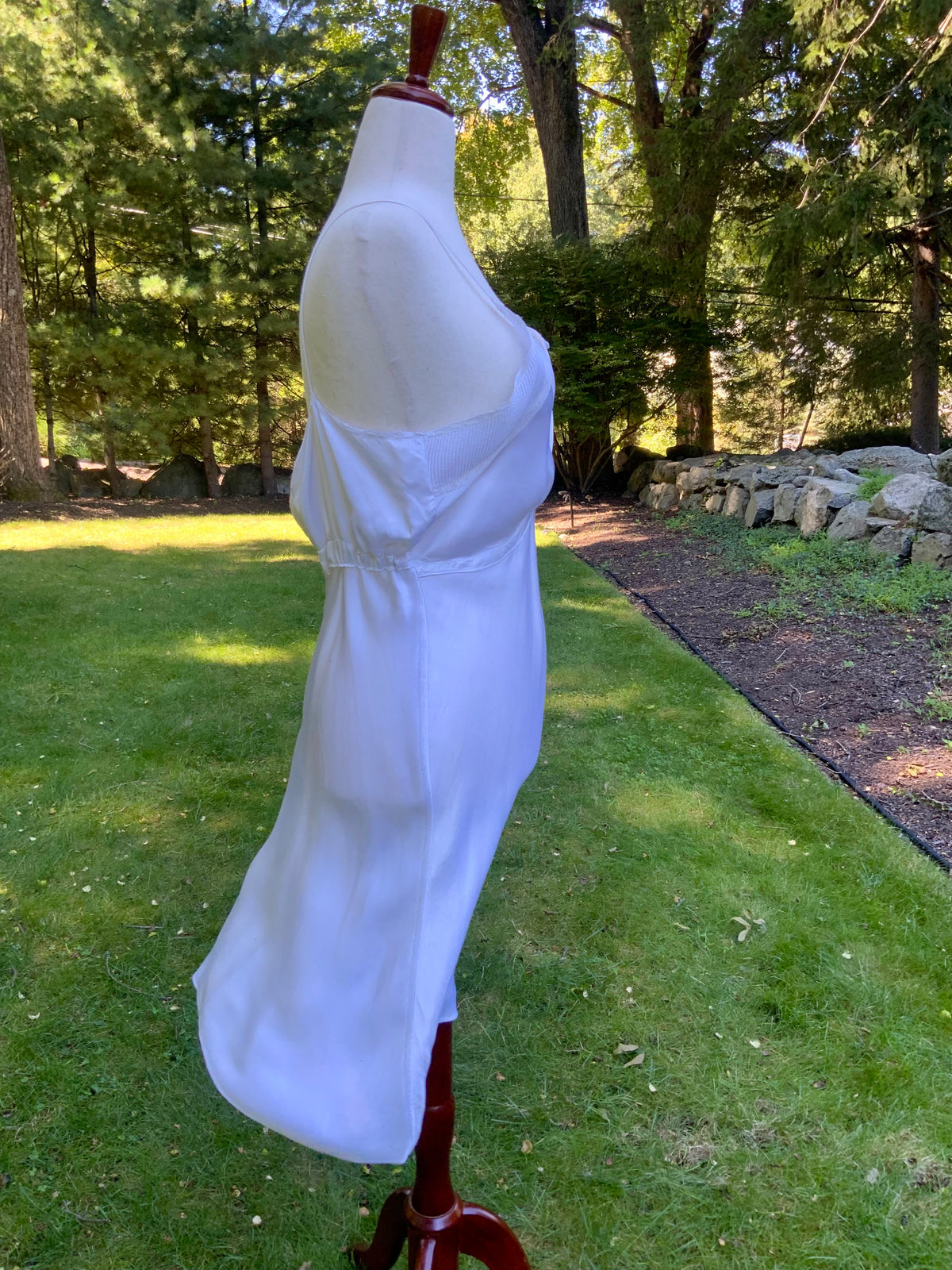 1930s White Satin Slip Dress Bias Cut Bridal Lingerie with Lace and Pleated Bust.40BU