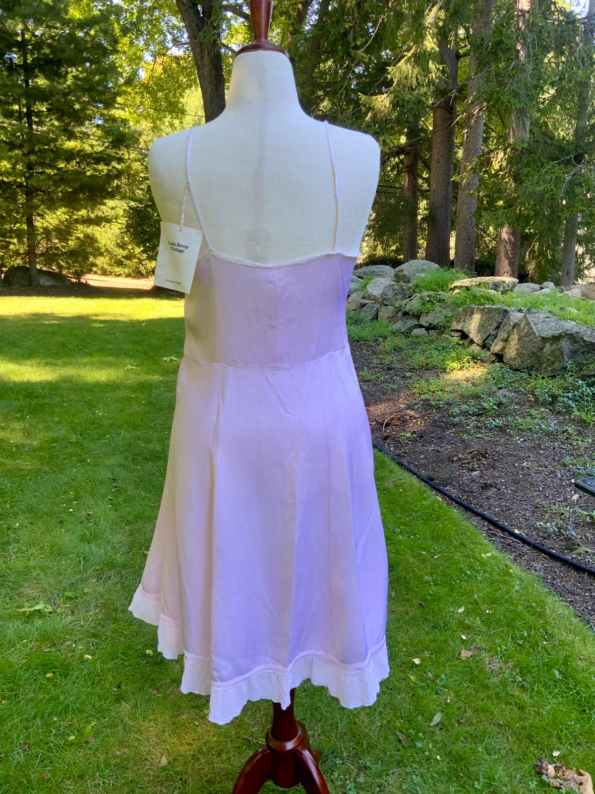 1930s Pink Satin Slip Dress with Lace and Chiffon Ruffle.30CJ