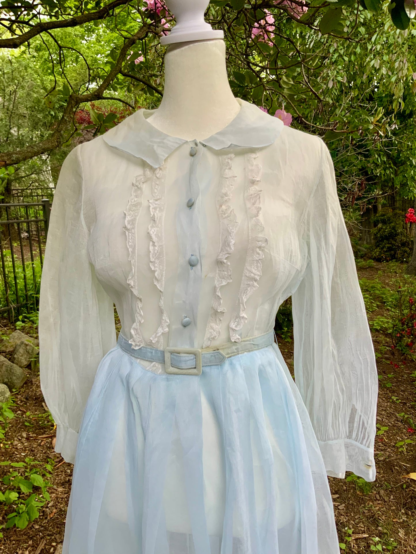 Late 1930s 1940s Sheer Blue Cotton Organdy Dress Romantic Lingerie Style Dress-30CR