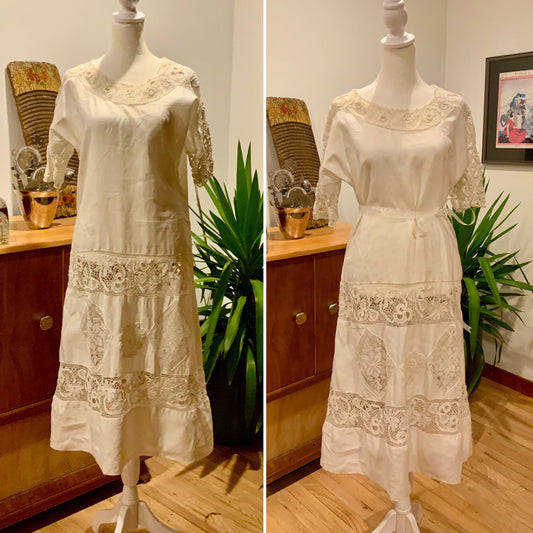 Edwardian Cotton & Lace Tea Dress c.1905–1915 |Antique Lingerie Dress with Battenberg & Crochet Lace-ED32