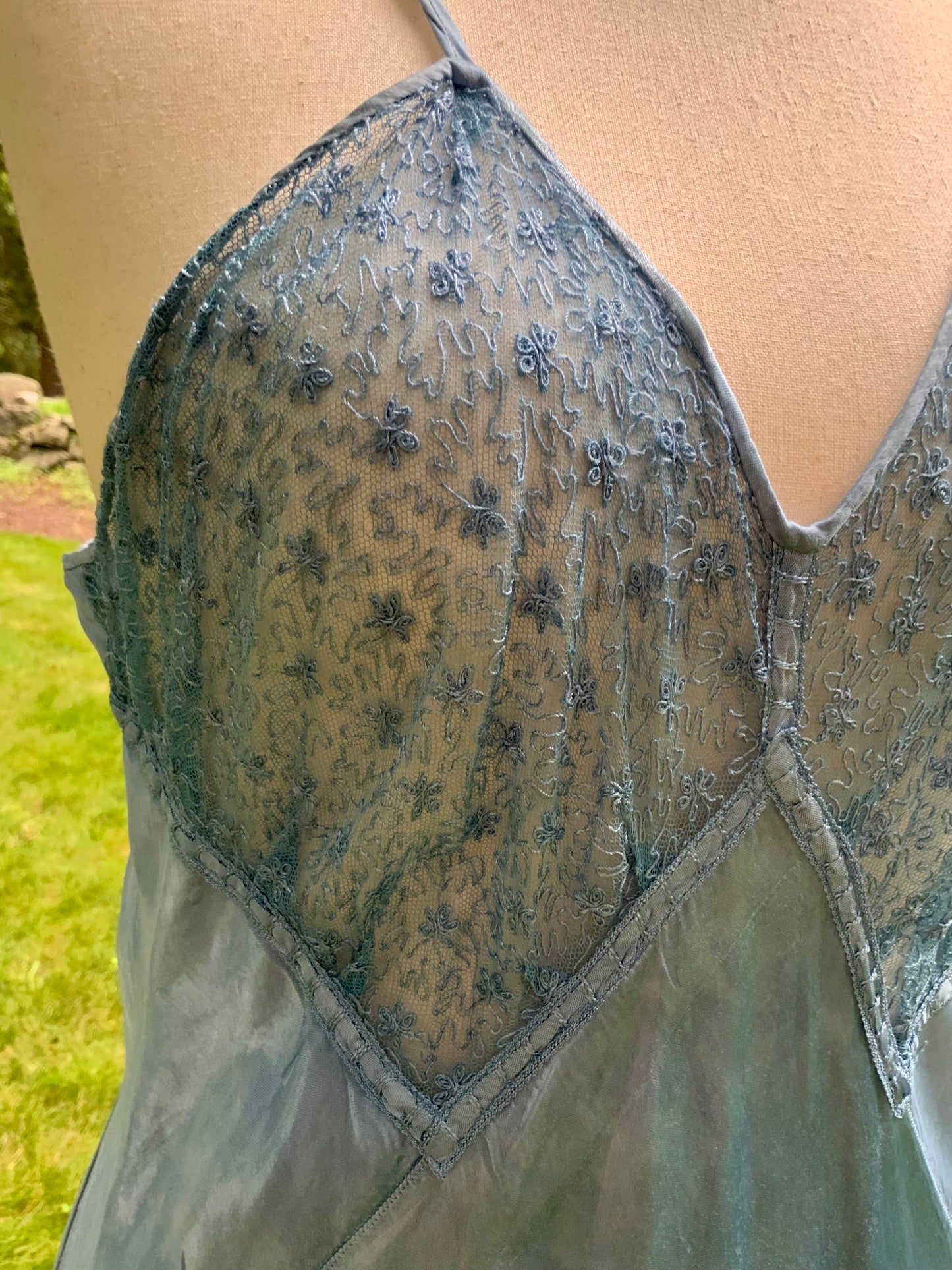 1930s early 40s Hand Dyed Blue Satin Slip Dress | Embroidered Sheer Bodice | Bias Cut Vintage Inspired Lingerie Dress | One of a Kind-40BH