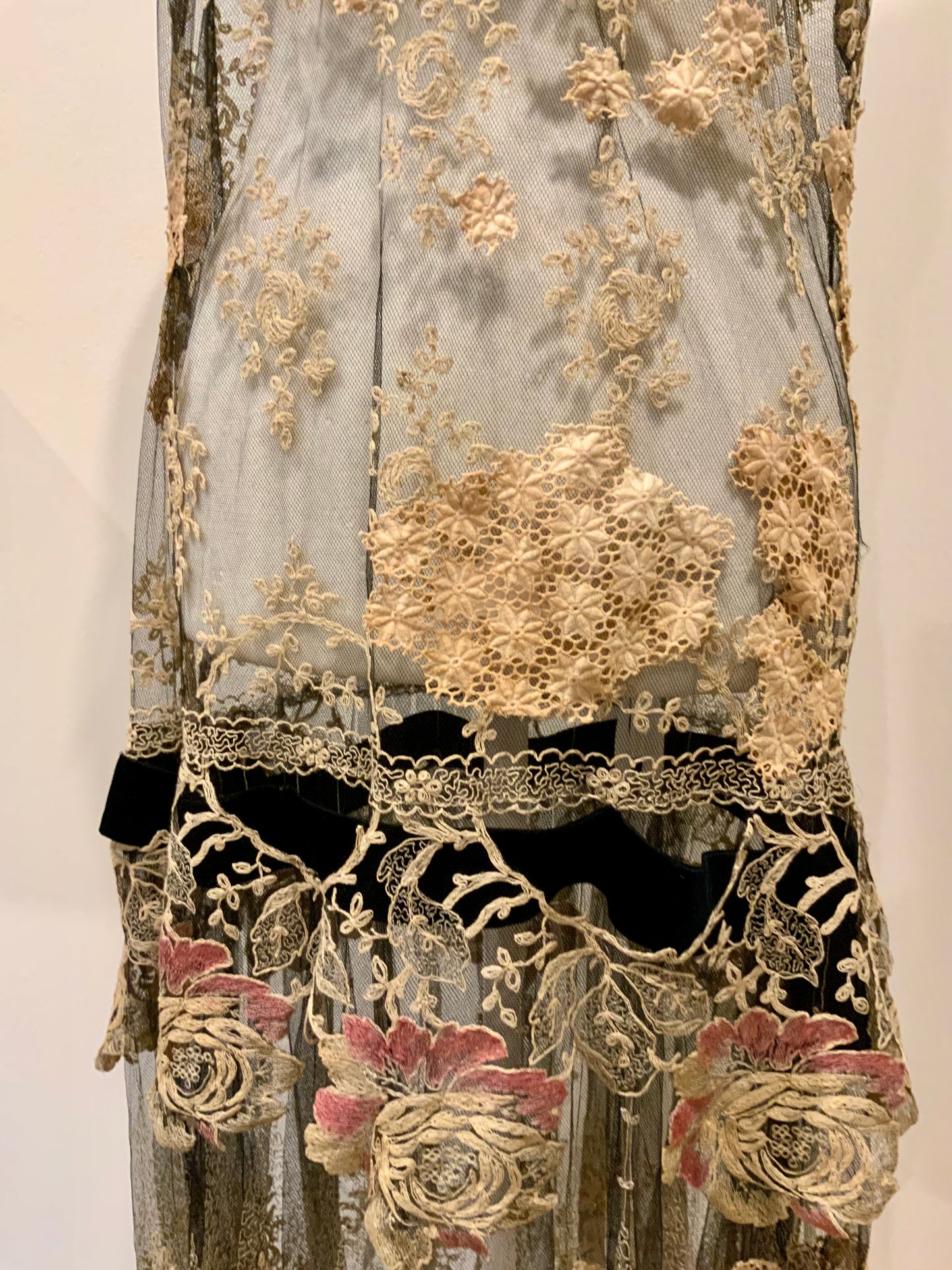 Rare 1920s French Lace Dress. Black Net & Pink Floral Embroidery. Restored Antique Flapper Dress.20AT.