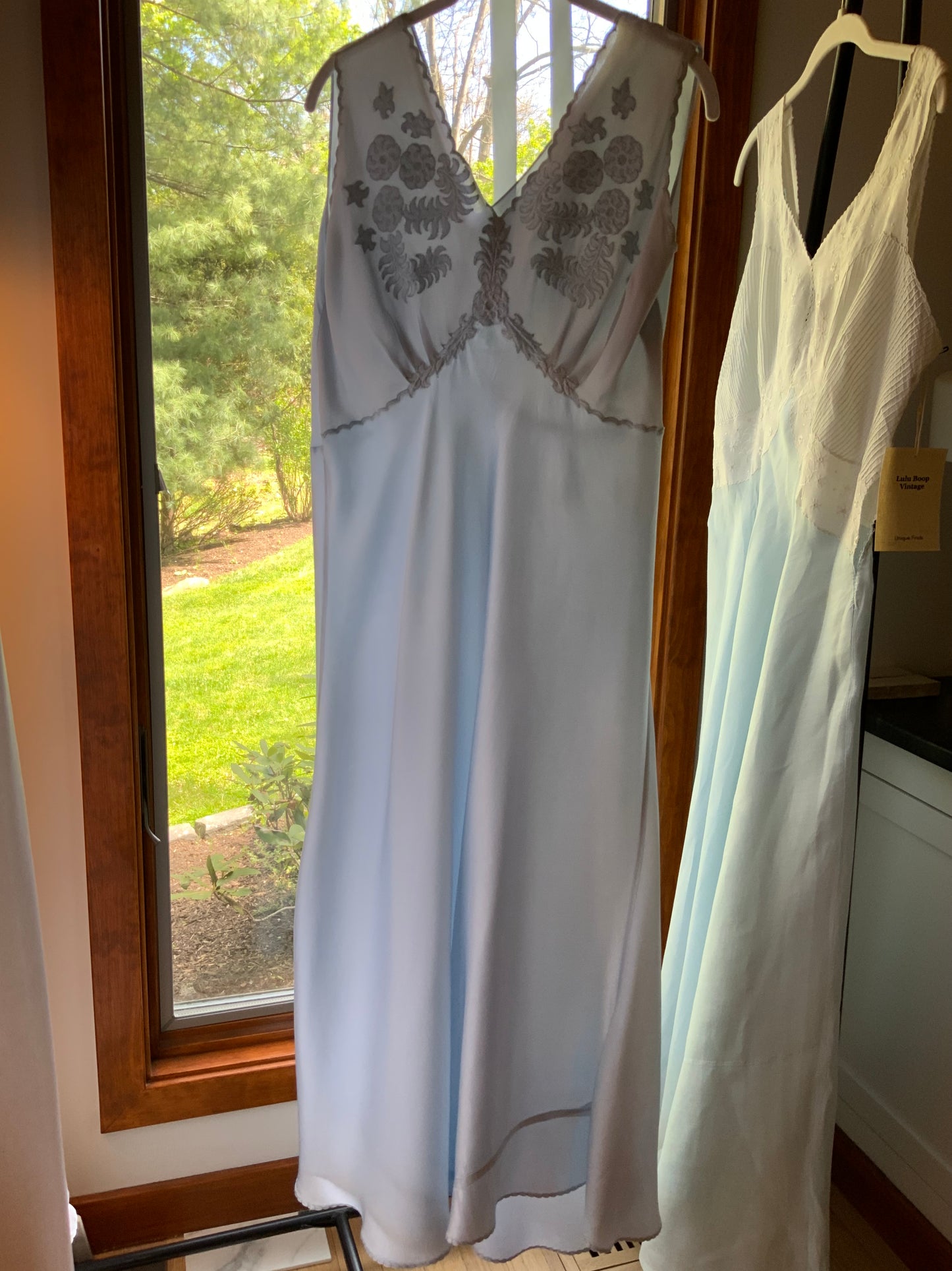 1930s Powder Blue Silk Satin Slip Dress | Embroidered Illusion Mesh Bodice |Large
-30BV
