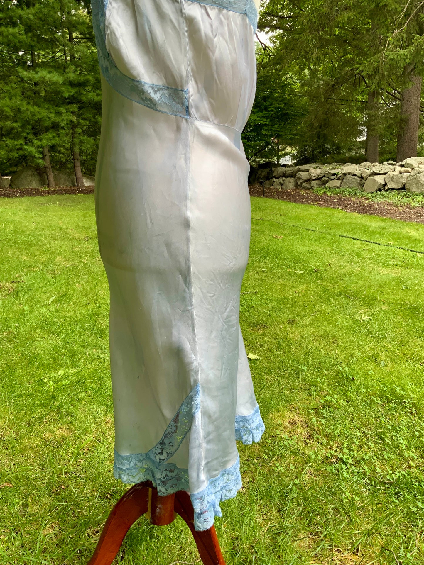 1930s Hand-Dyed Ice Blue Satin and Lace Bias-Cut Full Slip.50BA