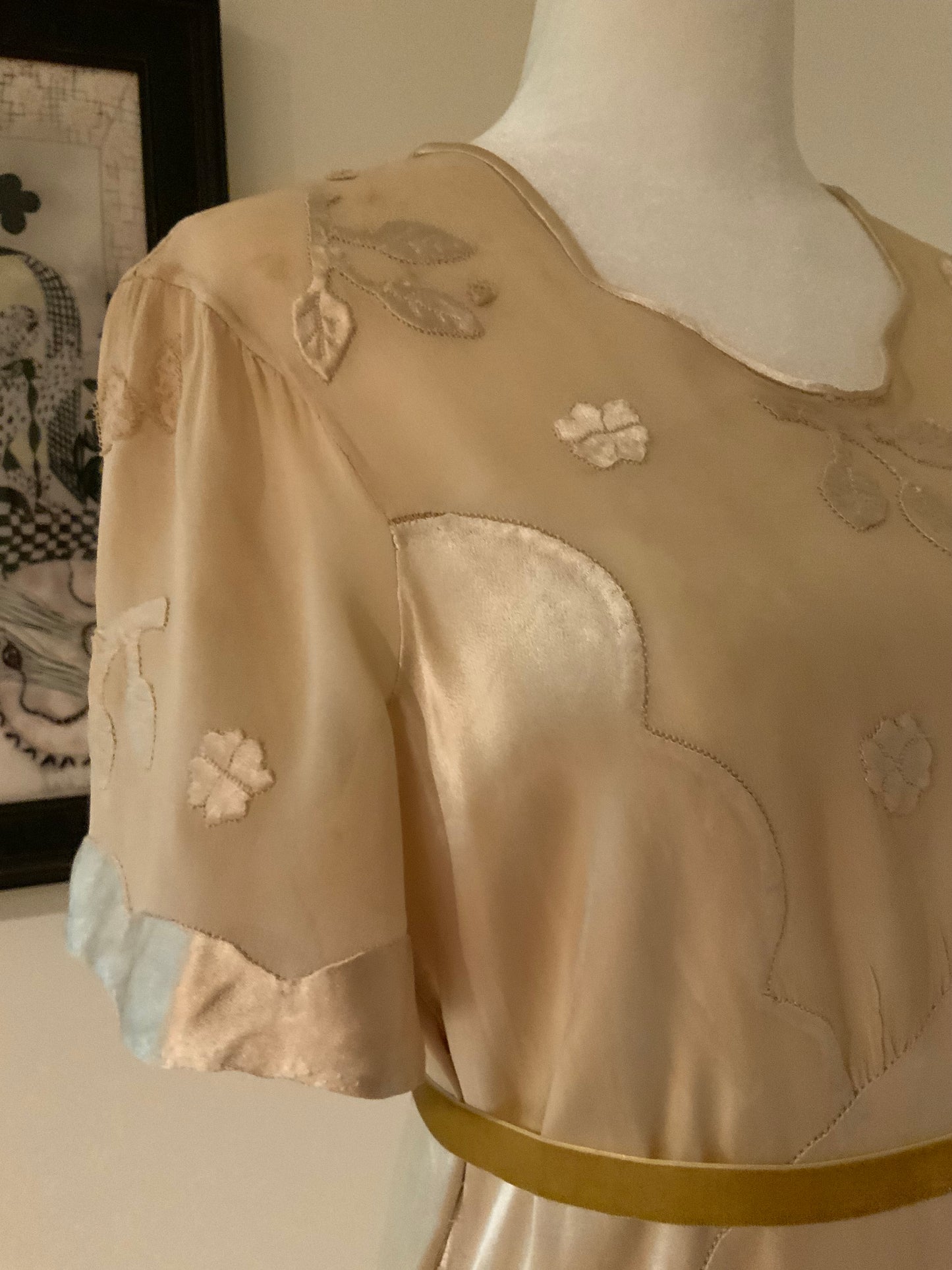 Rare 1930s Tea-Dyed Silk Hostess Gown with Original Floral Appliqué Details