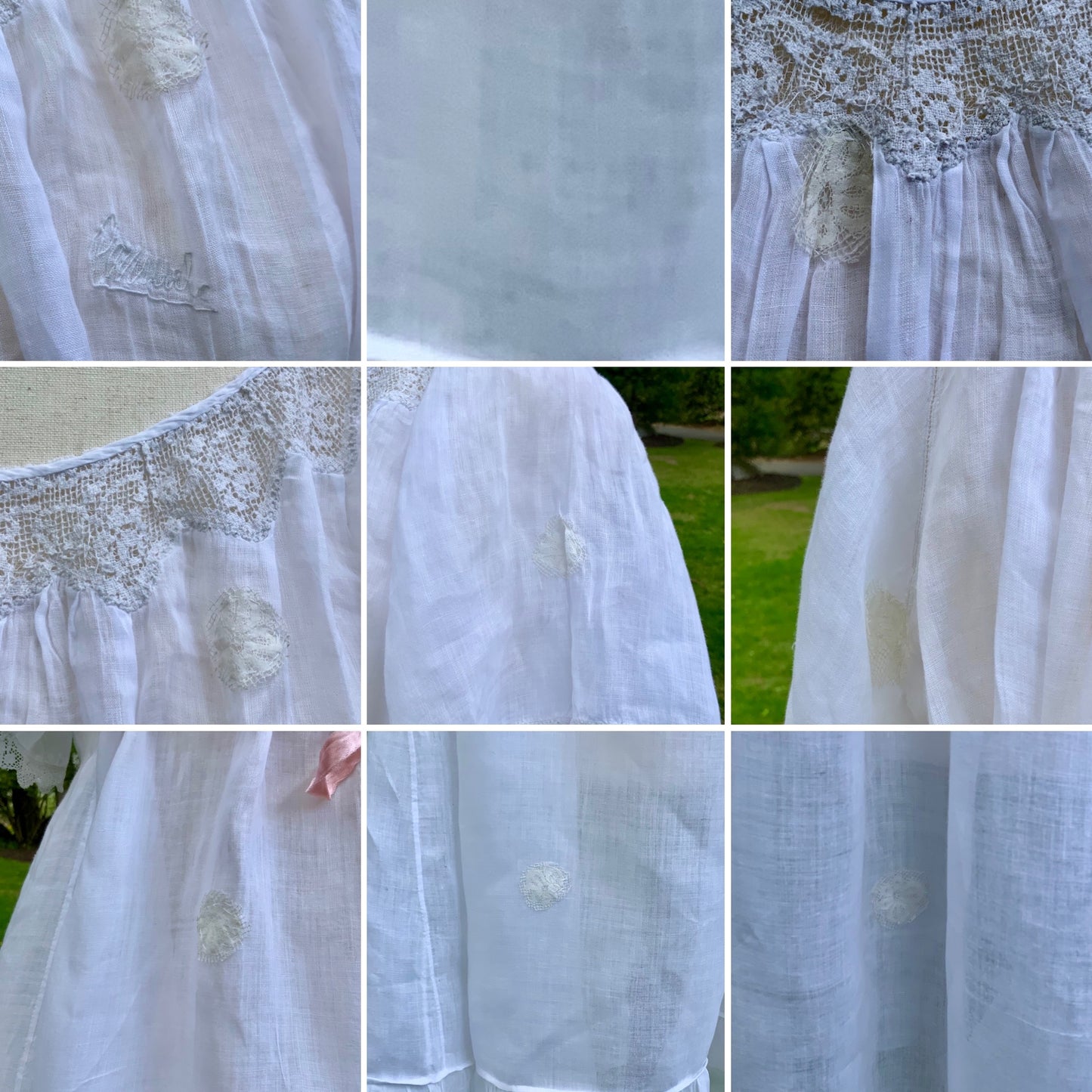 Antique Edwardian Cotton Nightgown “Carmela” Hand Repaired with Filet Lace Appliqués – Restored Heirloom Piece-ED81