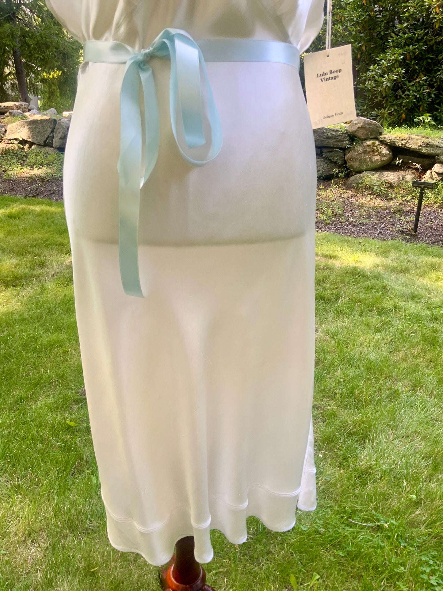1930s Ivory Silk Satin Embroidered Slip Dress | Blue Floral Boudoir Nightgown | Bias Cut Bridal Lingerie | Old Hollywood Glamour-40AV