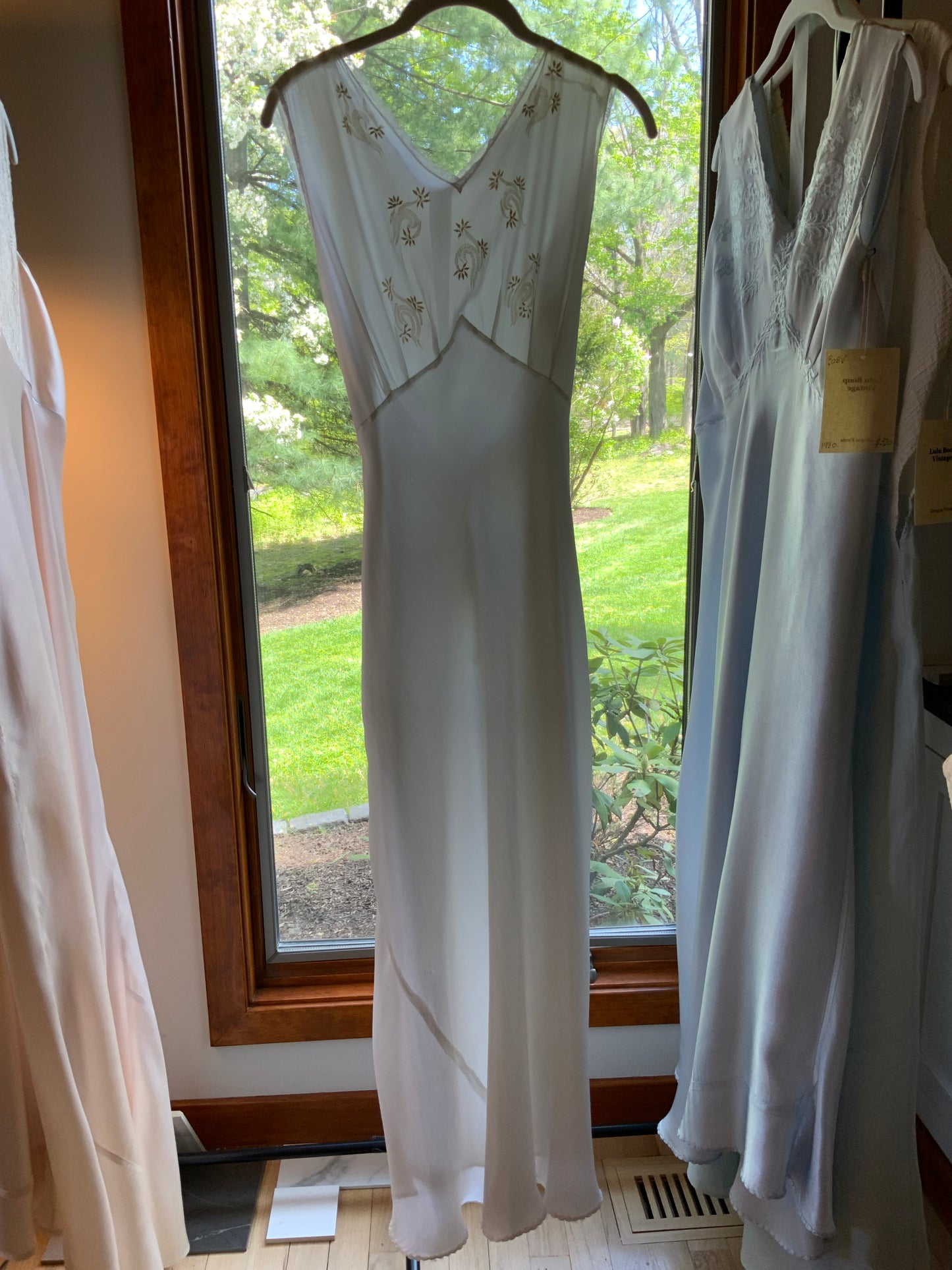 Vintage Satin & Embroidered Sheer Top Slip Dress | 1930s Bias Cut Boudoir Gown-AAA