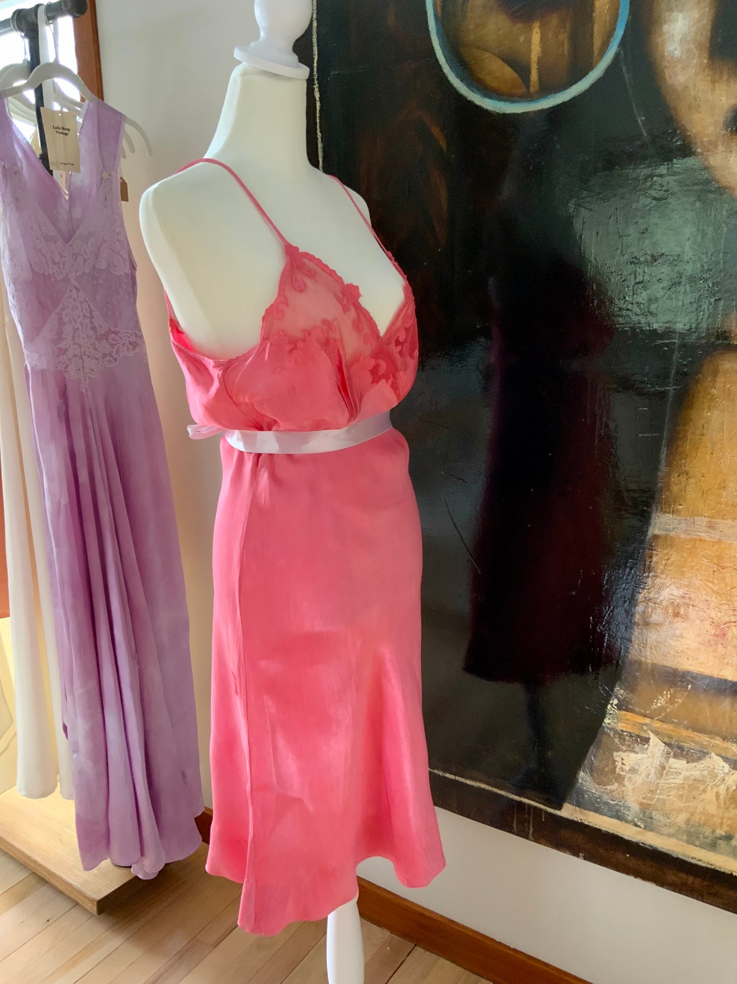 1970s Silk Slip Dress in Hand-Dyed Pink | Lace Bodice - 70F