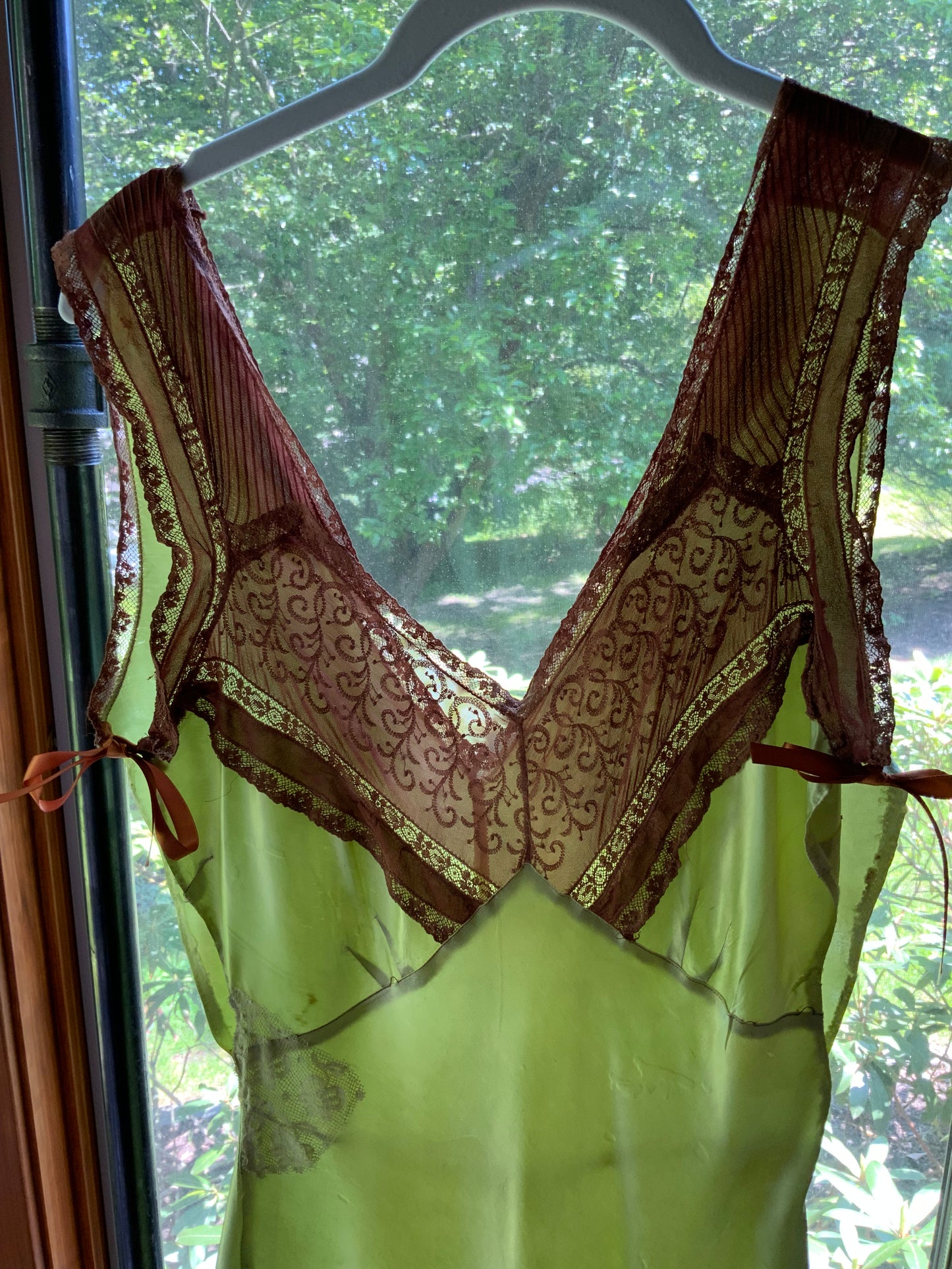 Hand Dyed Antique Silk Slip Dress Chartreuse Green Artist Reimagined 1930s 1940s Silk Nightgown One of a Kind Wearable Art-40C