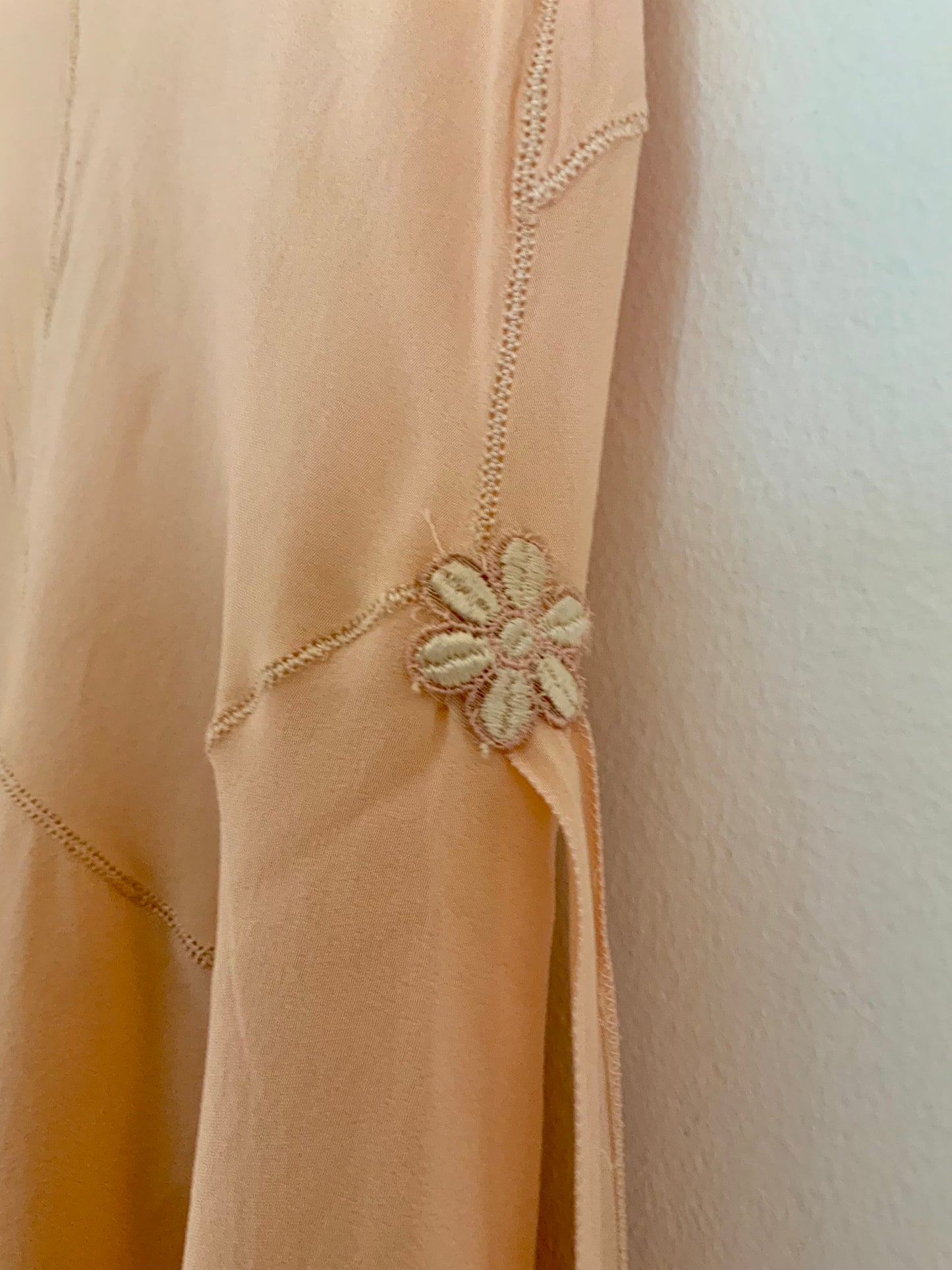 1930s Peach Rayon Nightgown with Art Deco Embroidery & Restored Lace Appliqués – Bias Cut Vintage Lingerie - 30AZ