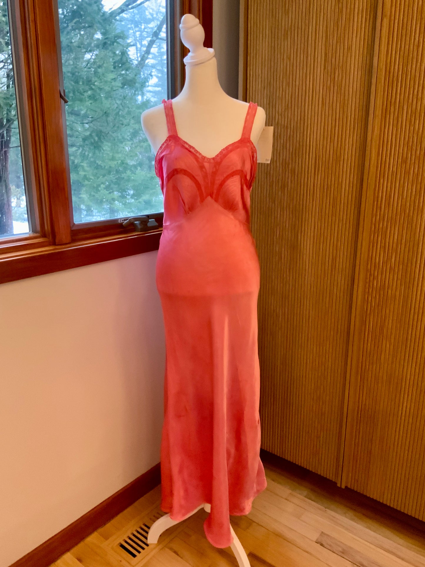 Authentic 1930s 1940s Bias Cut Satin Nightgown | Hand Dyed Coral Pink | Original Belt | Vintage Dress - 40AB