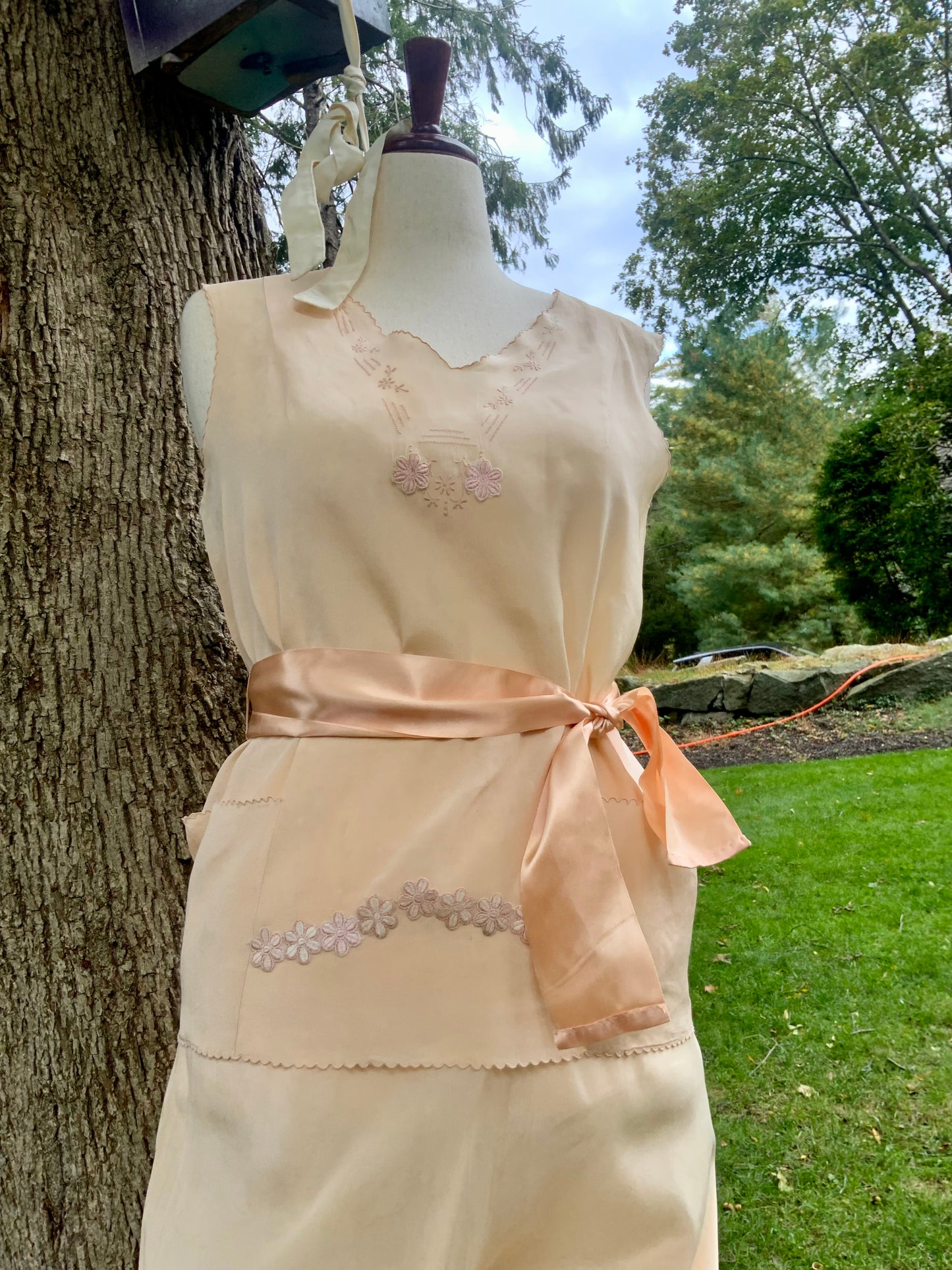 1920s–1930s Pure Silk Peach Pajama | Hand Restored with Vintage Floral Appliqués & Satin Ribbon | One-of-a-Kind Collectible Loungewear- 20AJ