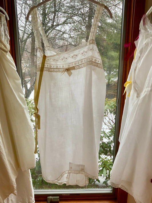 Edwardian Cotton Batiste Combination Camisole Drawers with Embroidered Insertion Lace | Antique Lingerie | Circa 1905–1915 Antique Teddy-ED64