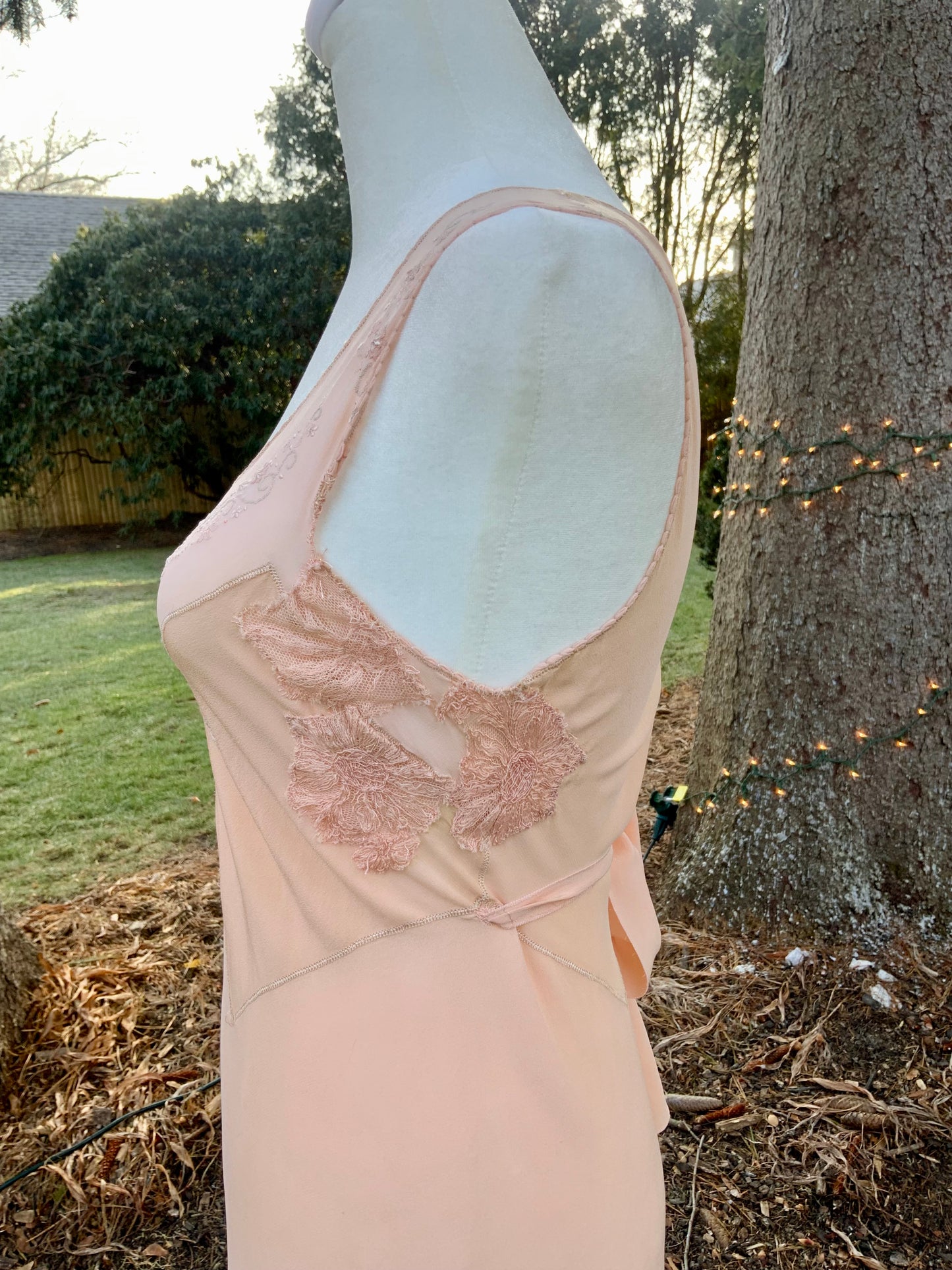1930s Peach Rayon Nightgown with Art Deco Embroidery & Restored Lace Appliqués – Bias Cut Vintage Lingerie - 30AZ