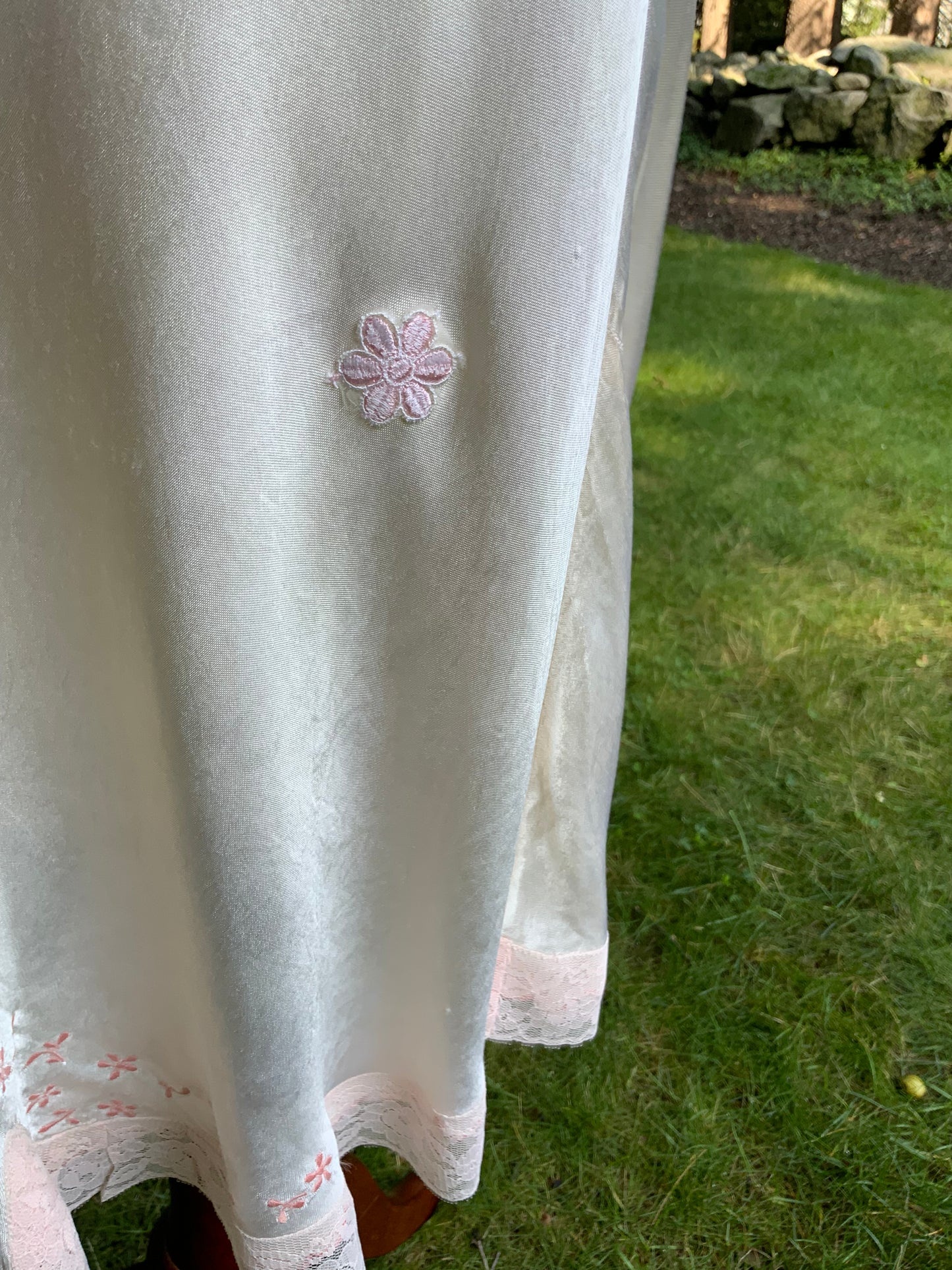 1940s Pink Embroidered Satin Slip Dress. Ivory Lace Lingerie. Romantic Boudoir Gown.40CA