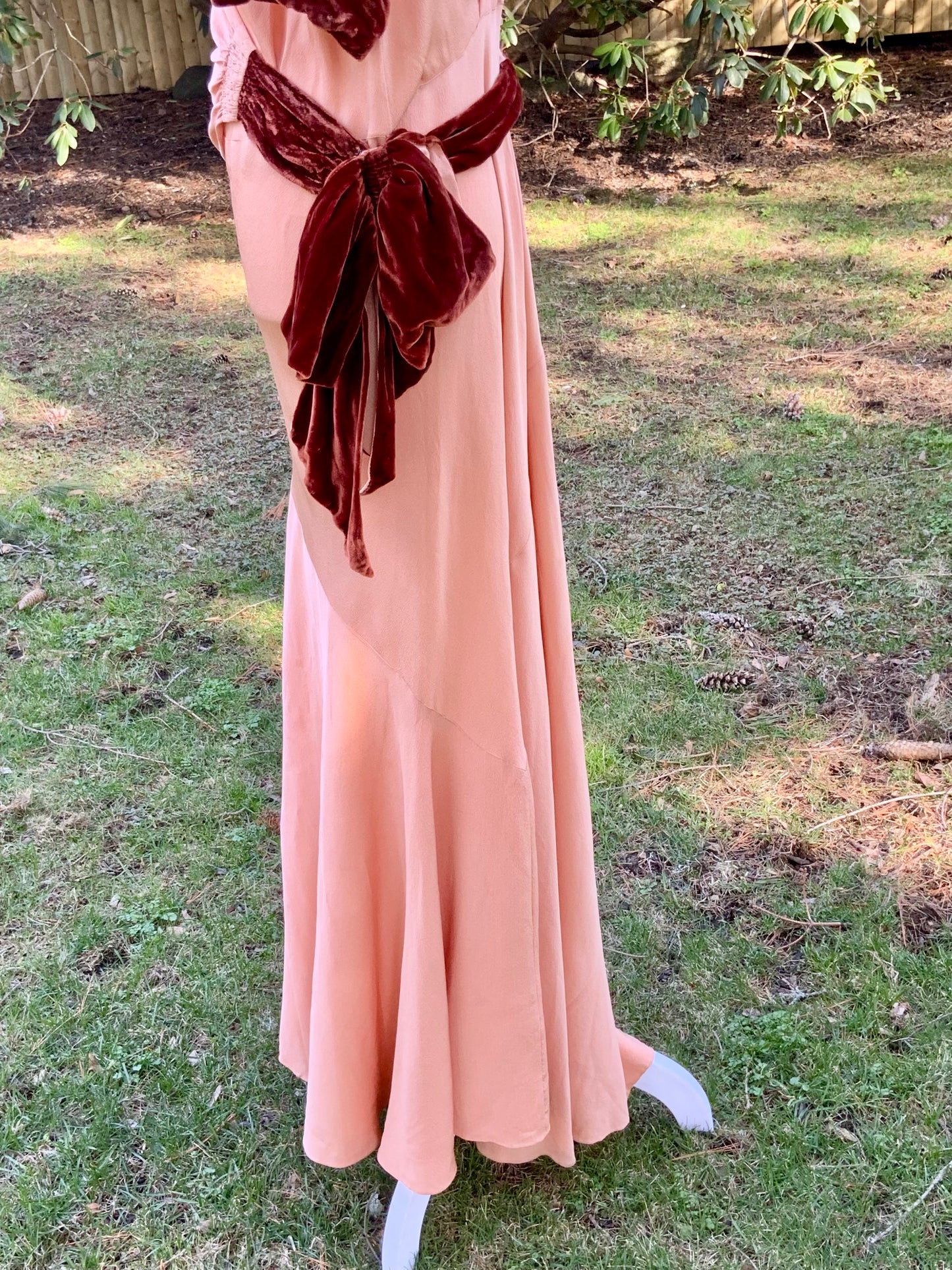 1930s Silk Crepe Evening Dress in Dusty Peach with Velvet Accents and Draped Waist | Artfully Restored-Iconic-30BH