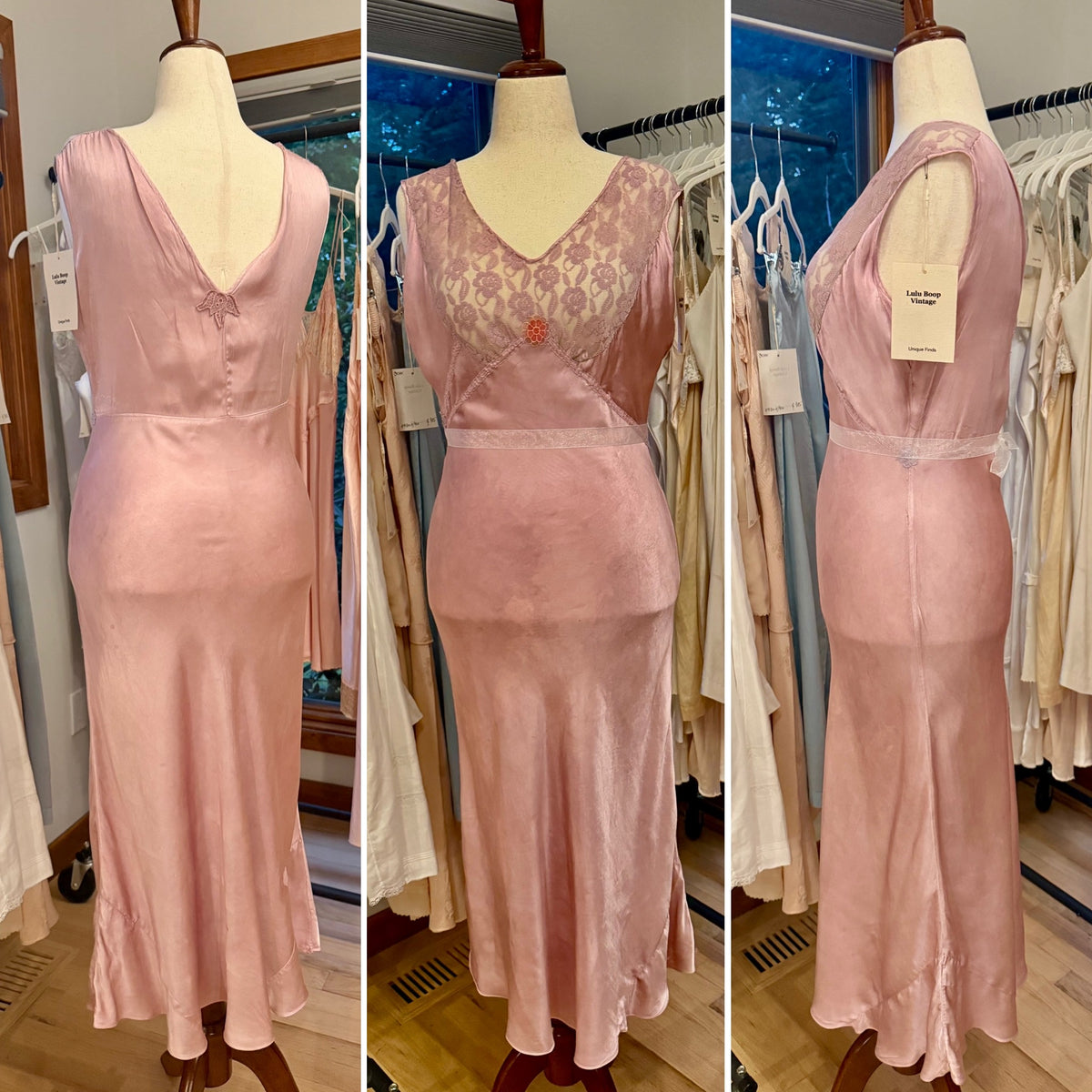 1930s Hand Dyed Dusty Lilac Satin & Floral Lace Bias-Cut Nightgown.40CE