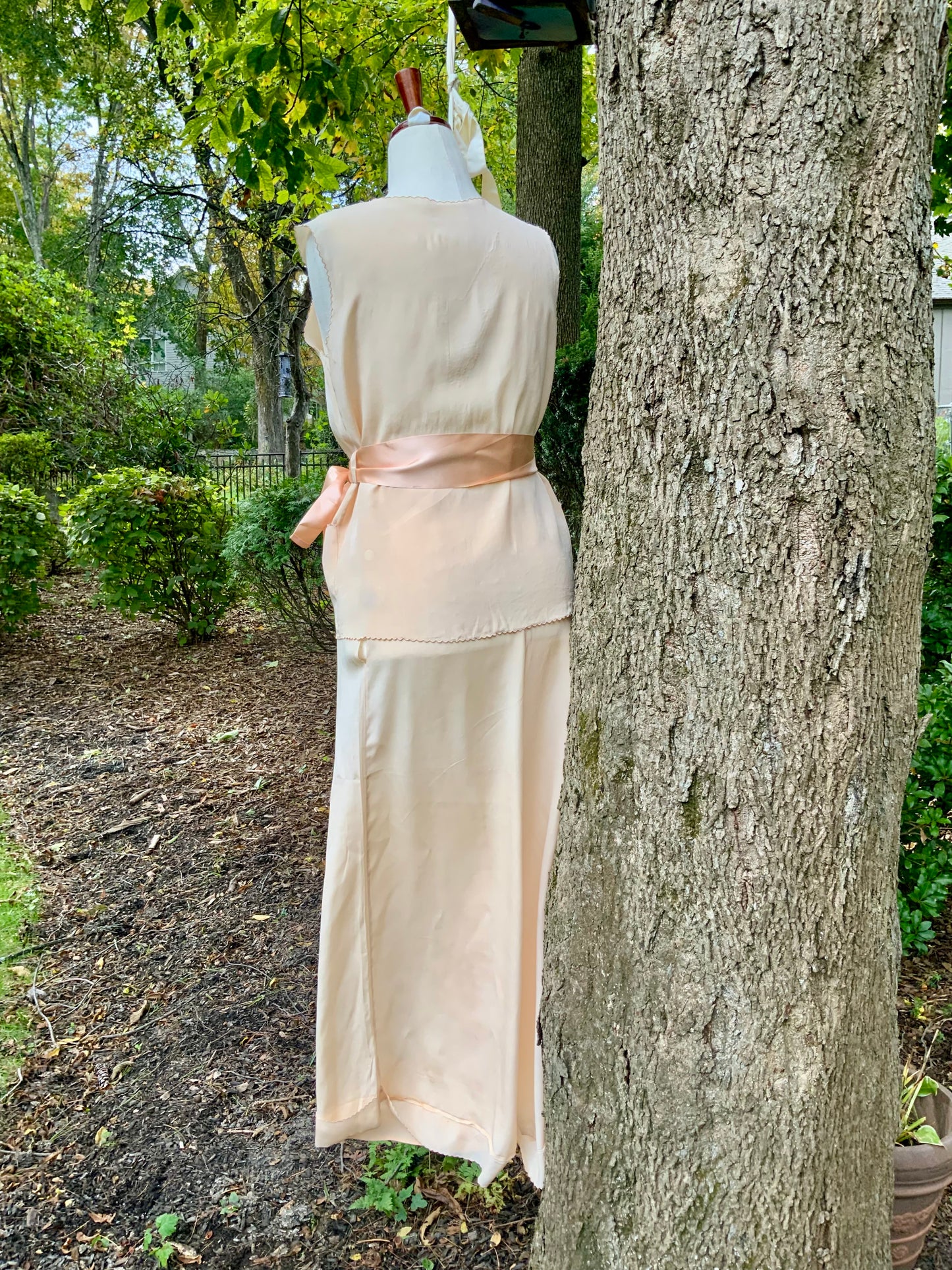 1920s–1930s Pure Silk Peach Pajama | Hand Restored with Vintage Floral Appliqués & Satin Ribbon | One-of-a-Kind Collectible Loungewear- 20AJ