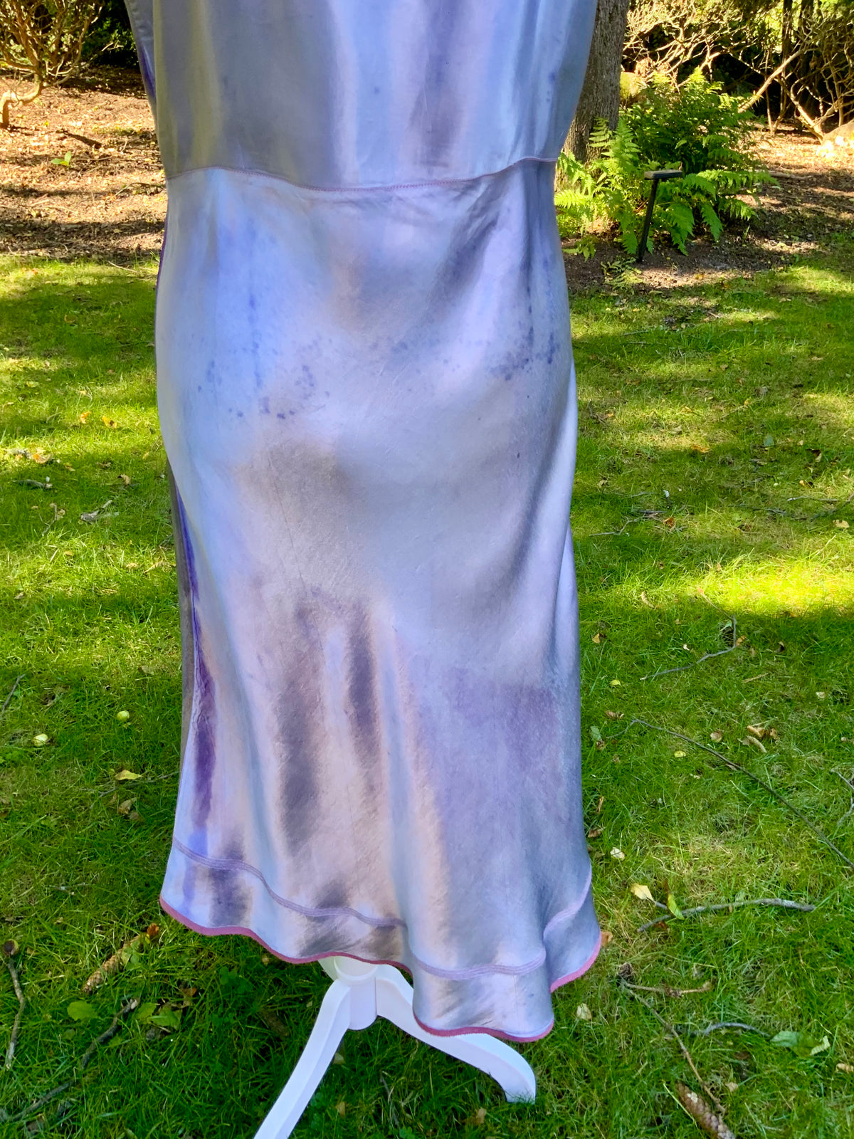 1930s/40s  Hand-Dyed Lilac Satin Slip Dress with Floral Embroidery.40BV