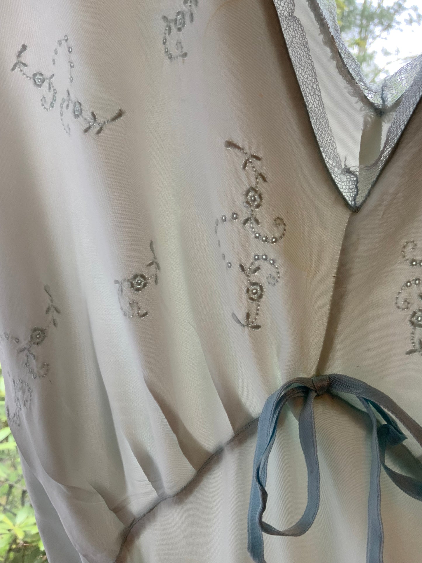 1930s Pale Blue Embroidered Nightgown with Draped Bodice and Velvet Ribbon.30CL