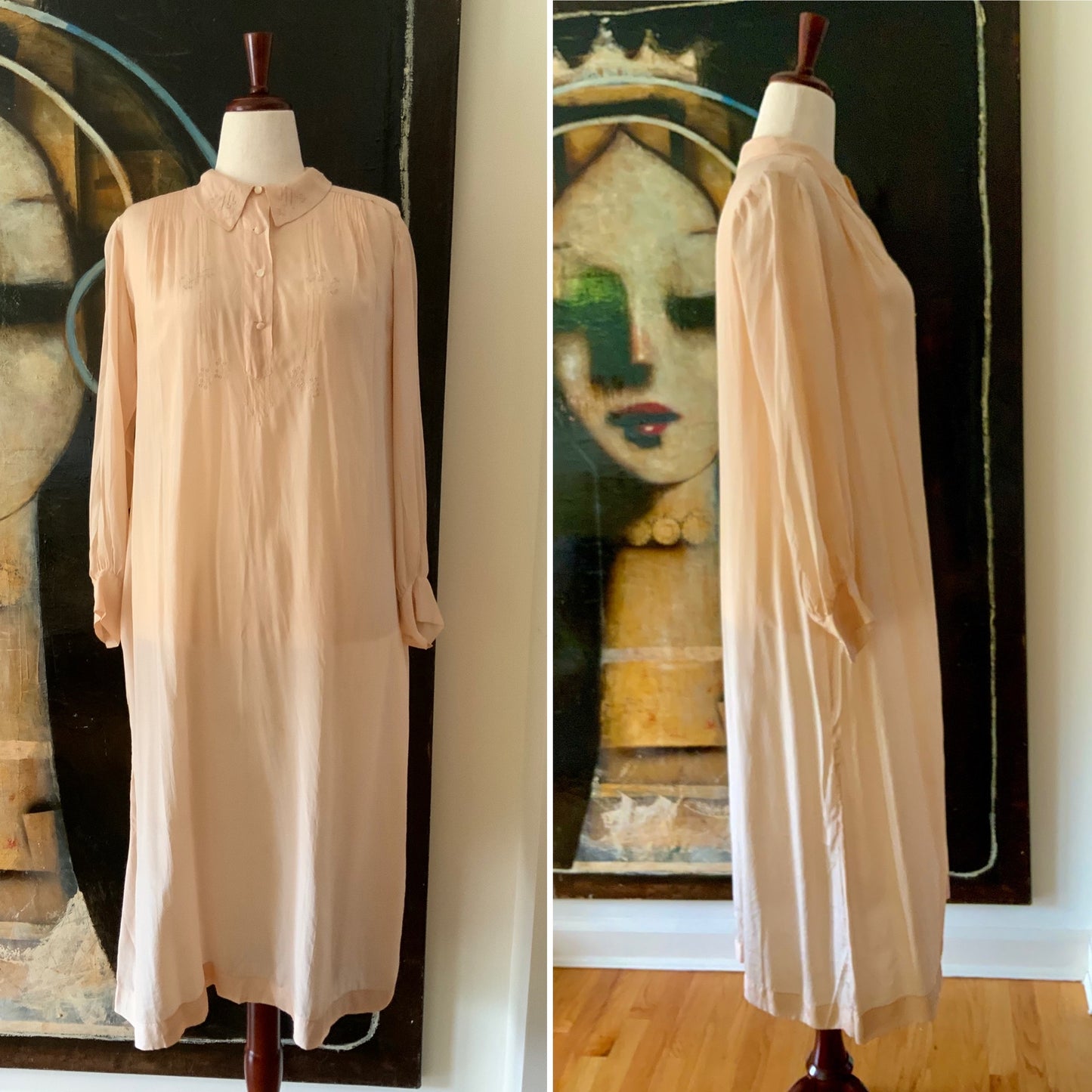 Long Sleeve Silk Nightgown Embroidered - 20s