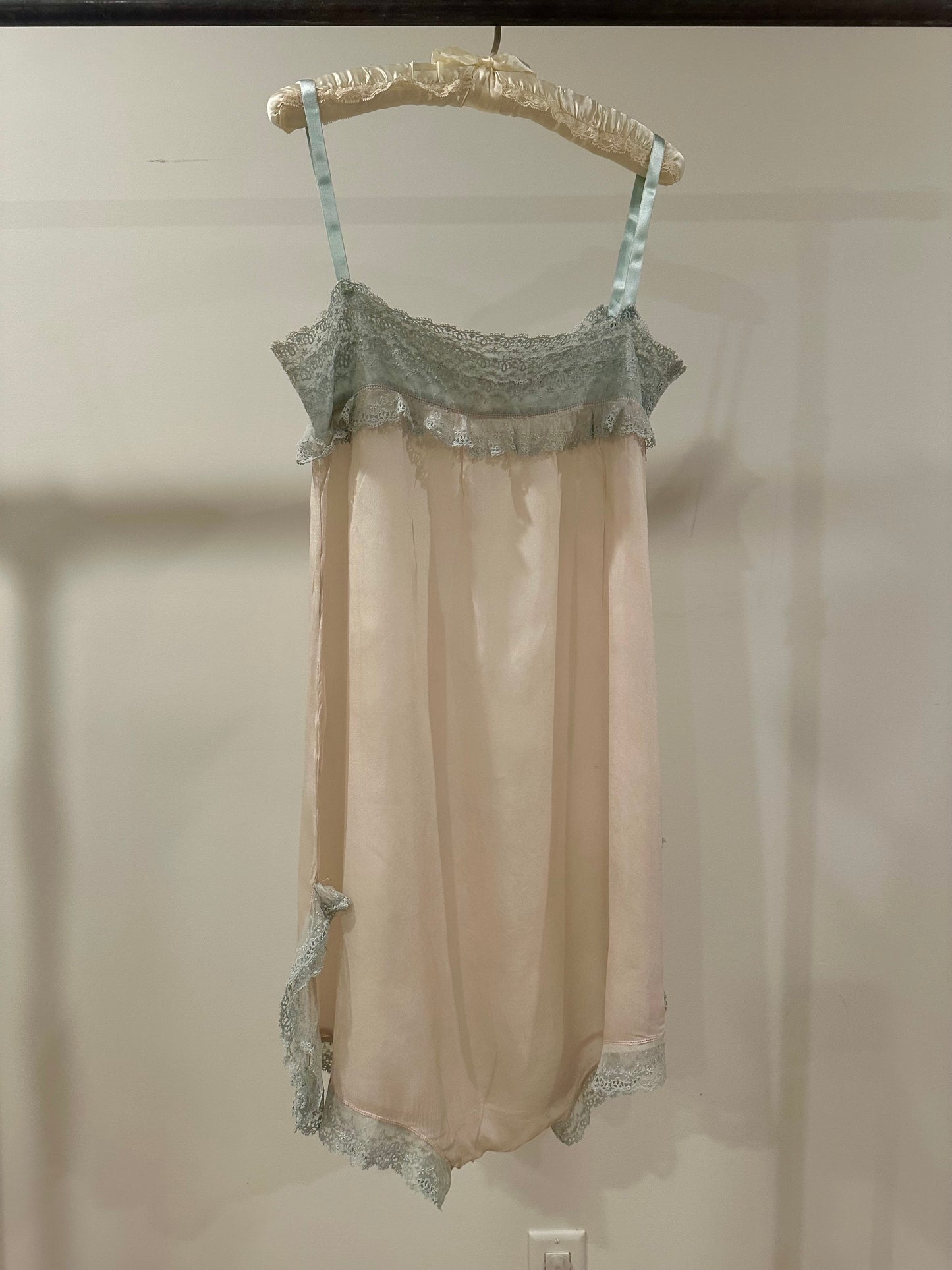 1920s–30s Pure Silk Teddy in Blush Pink with Powder-Blue Lace & Rare Antique Appliqués – Bridal Lingerie - 20AQ