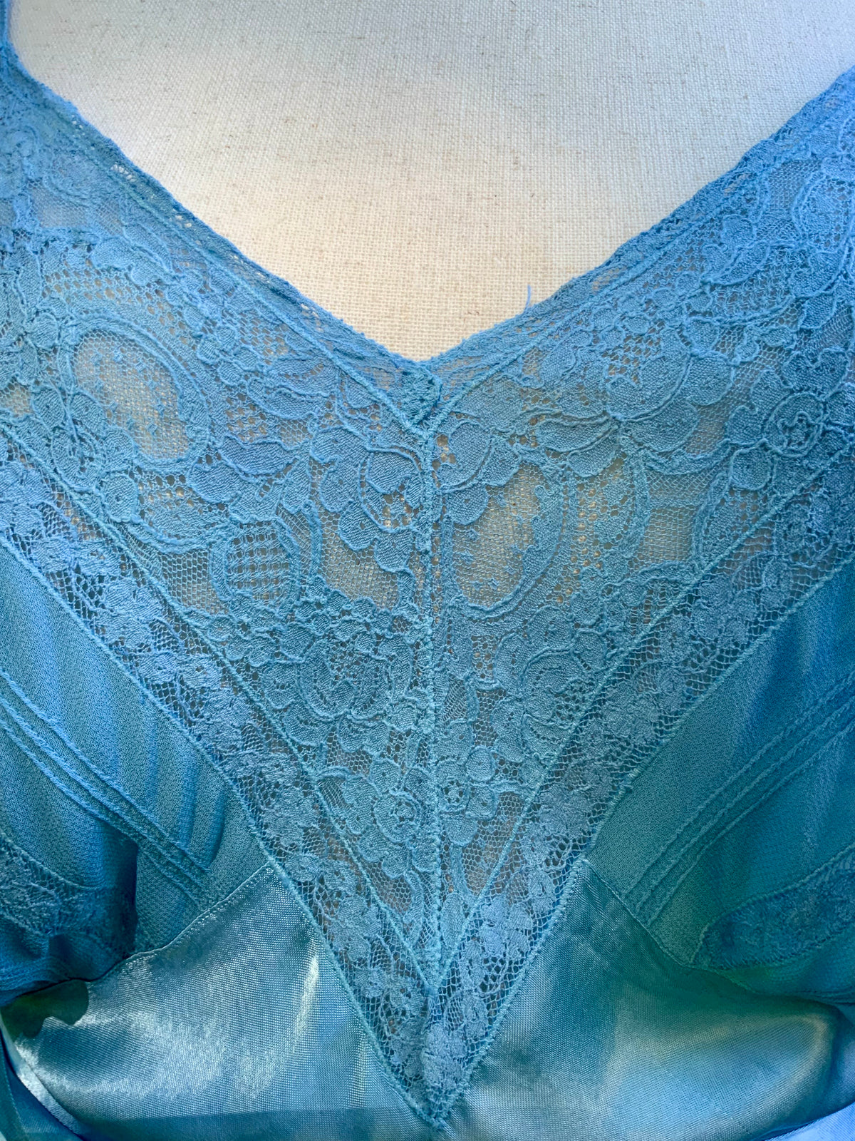 1930s Hand Dyed Blue Bias Cut Satin Nightgown with Lace.40BZ