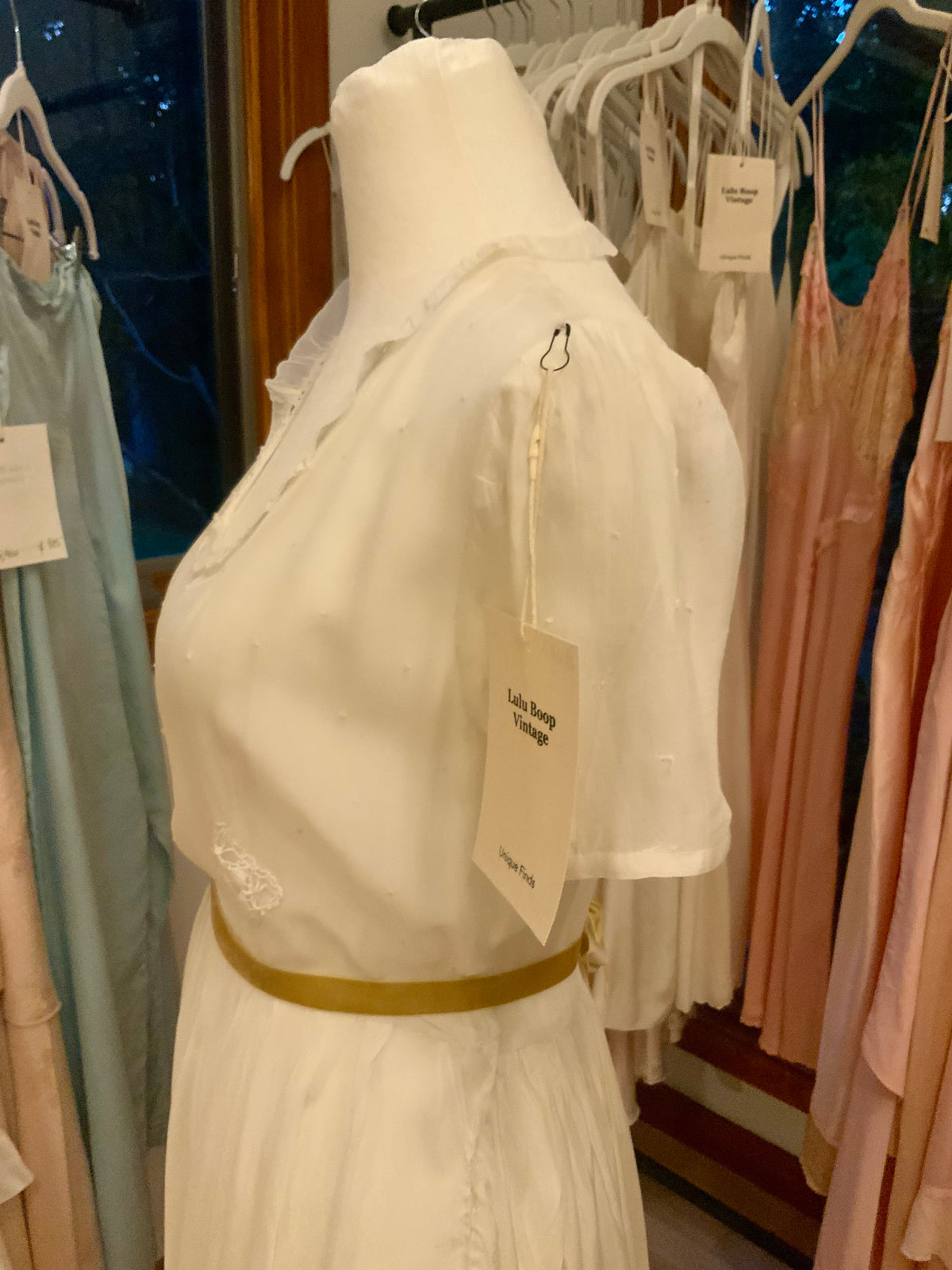 Antique Ivory Chiffon Gown with Ruffled Hem and Lace Appliqué.20ARR