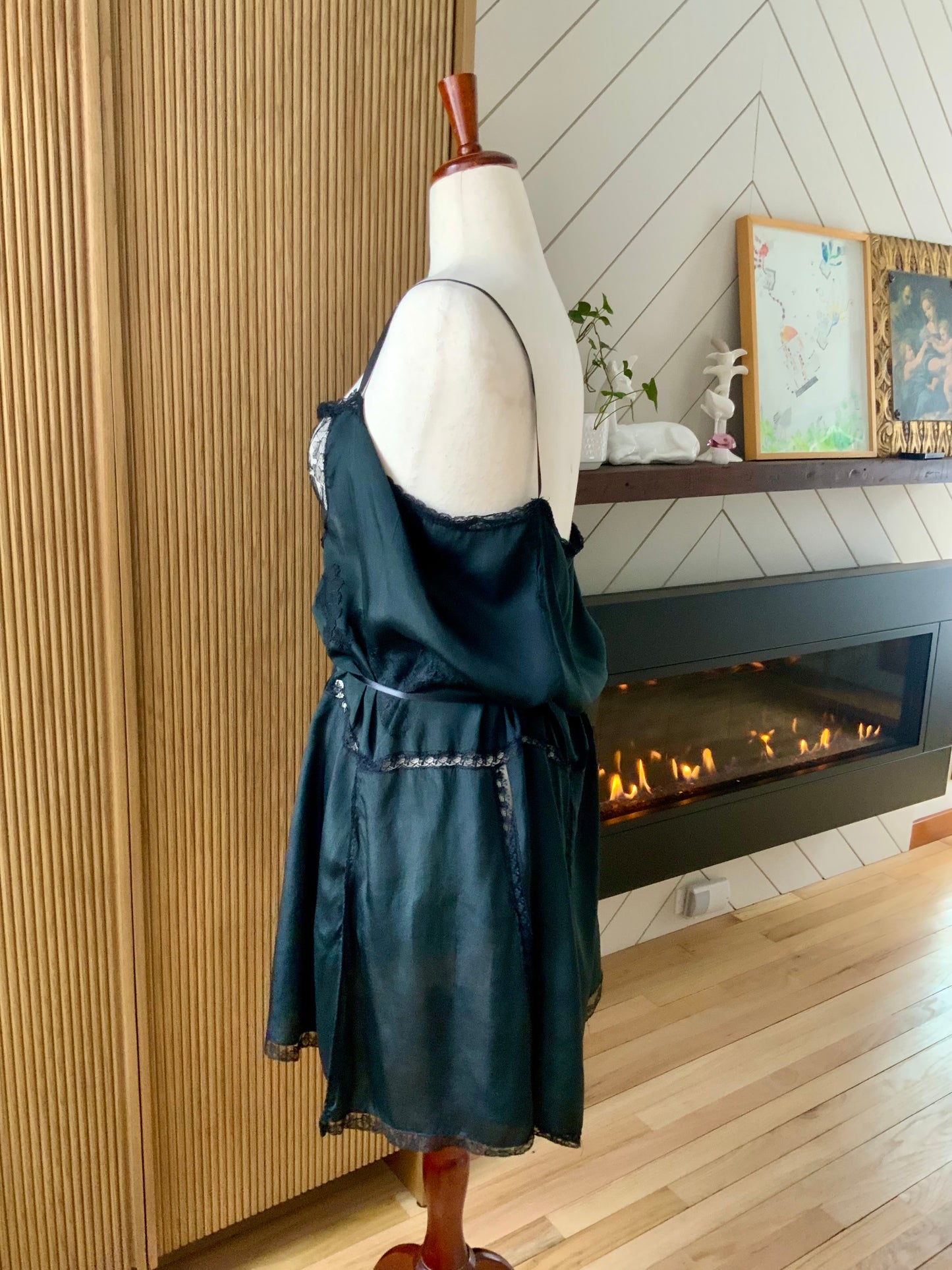 1920s–30s Pure Silk Boudoir Slip Dress — Black with Antique Lace Inset-XL-20AK