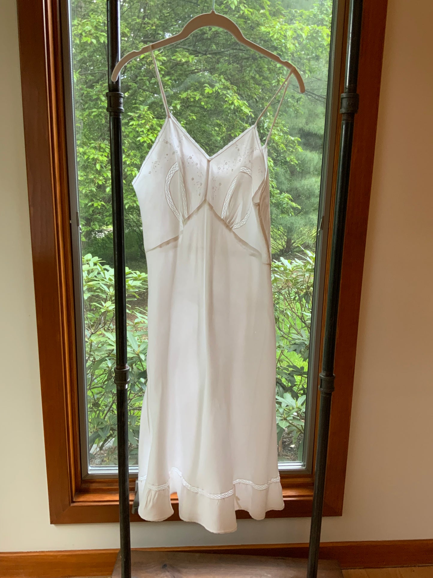 1930s White Satin Nightgown. Embroidered Bias Cut Slip Dress. Bridal Lingerie Gown .30CQ