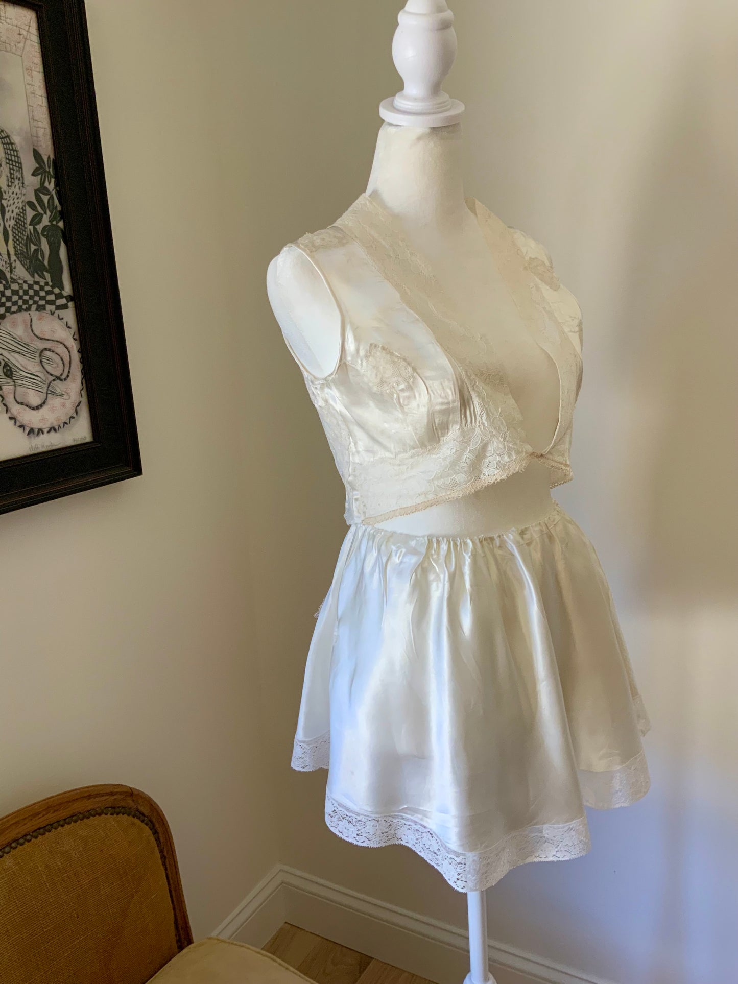 One-of-a-Kind Reconstructed 1940s Silk Set | Vintage Lace Top & Skirt-40CF