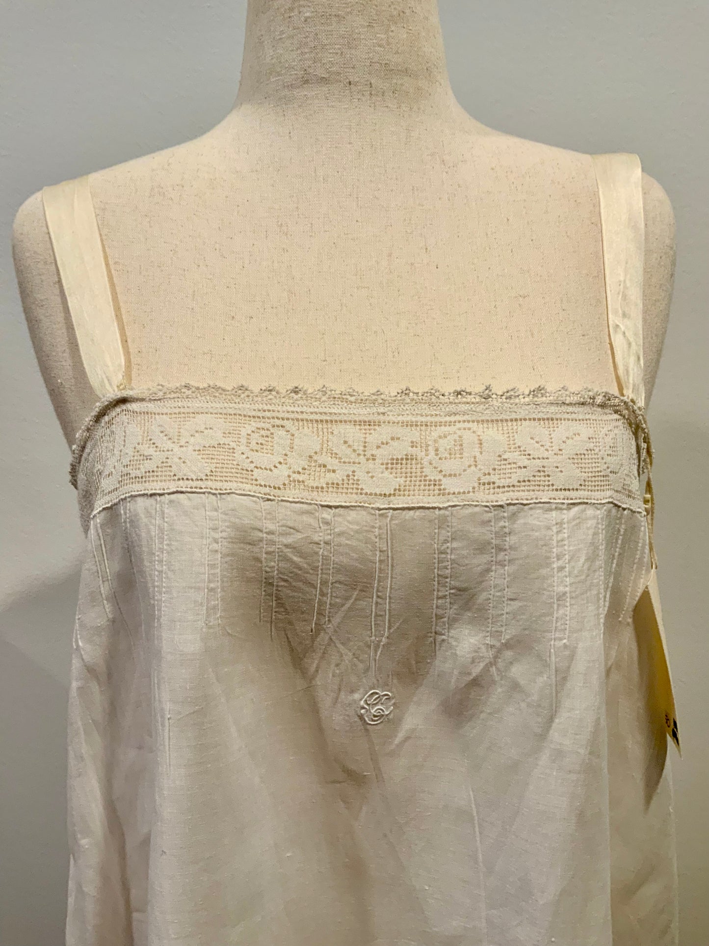 Antique Slip Dress - Filet Lace - Embroidered Initials E C - 1920 - 20C