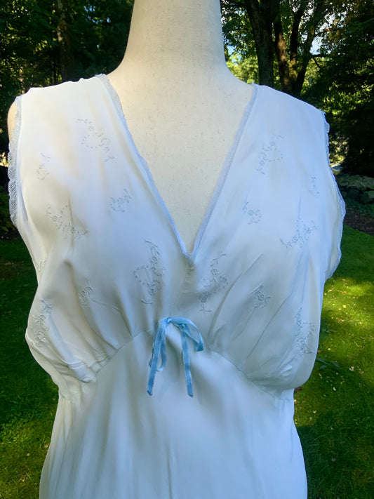 1930s Pale Blue Embroidered Nightgown with Draped Bodice and Velvet Ribbon.30CL