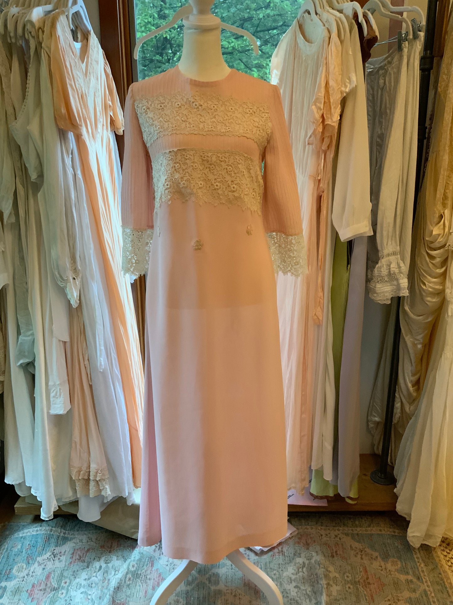1970s Pink Lace Hostess Gown with Sheer Sleeves - 70BC