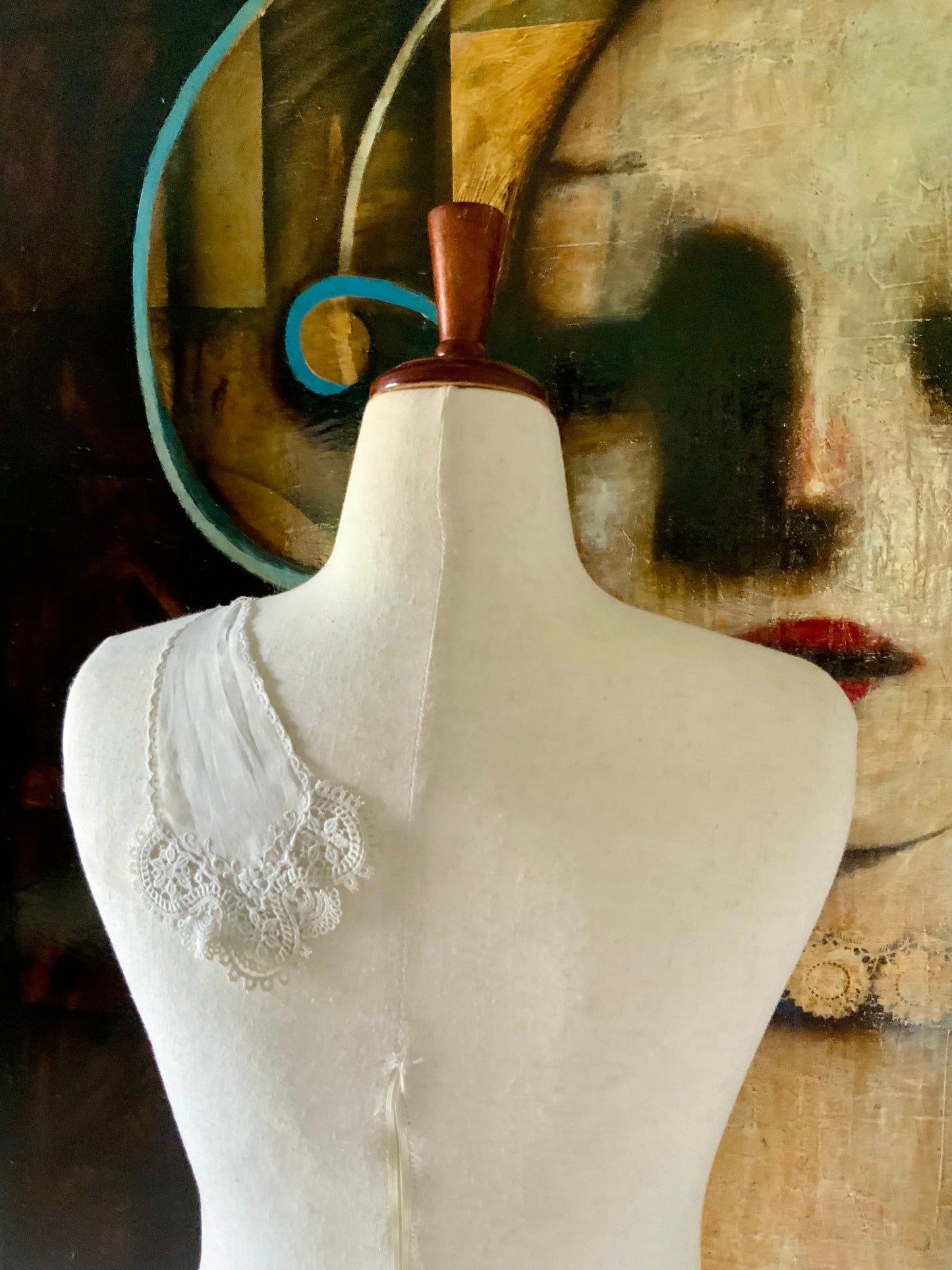 Antique Lace Shoulder Accent with Rosette – Edwardian Lace Appliqué, Asymmetrical Couture Piece