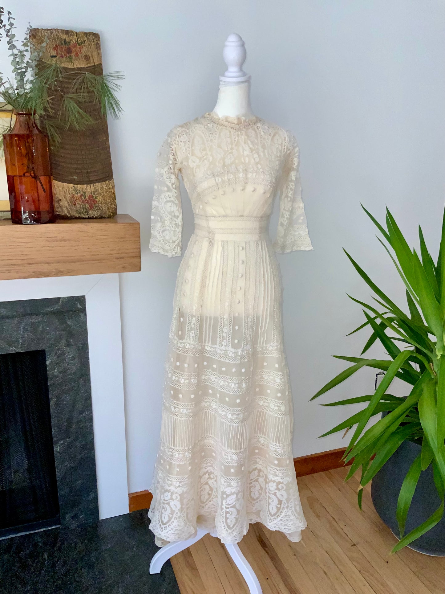 Antique Edwardian Bridal Lace Dress c. 1909–1914 | Cotton Net Wedding / Trousseau Gown-ED31