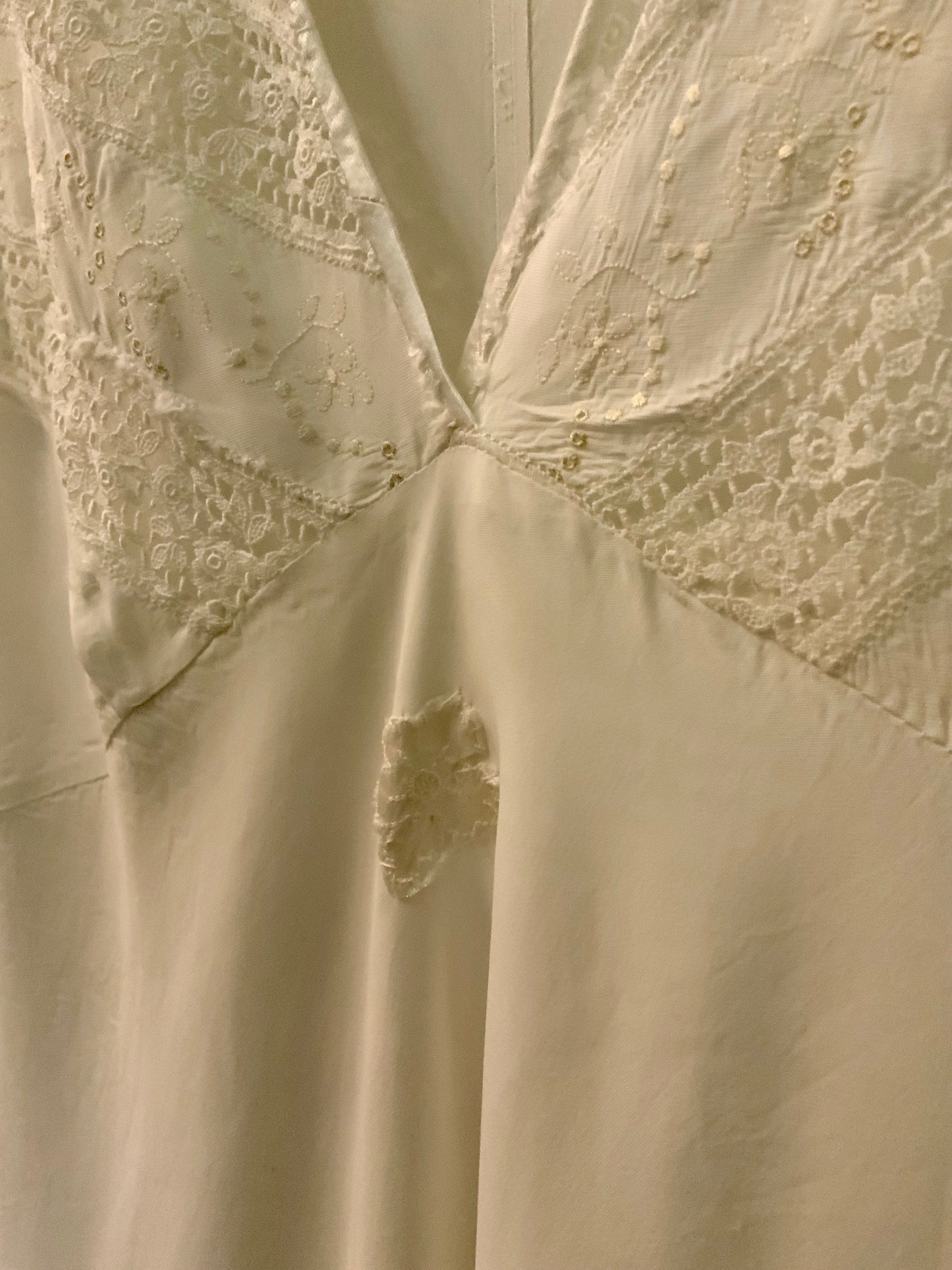 1930s Ivory Bridal Slip Dress with Embroidered Lace Bodice-Deep V. Neck-30DK