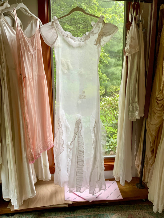 Ethereal Antique Organza Dress with Dramatic Ruffle Details and Lace Restorations
-20AJ