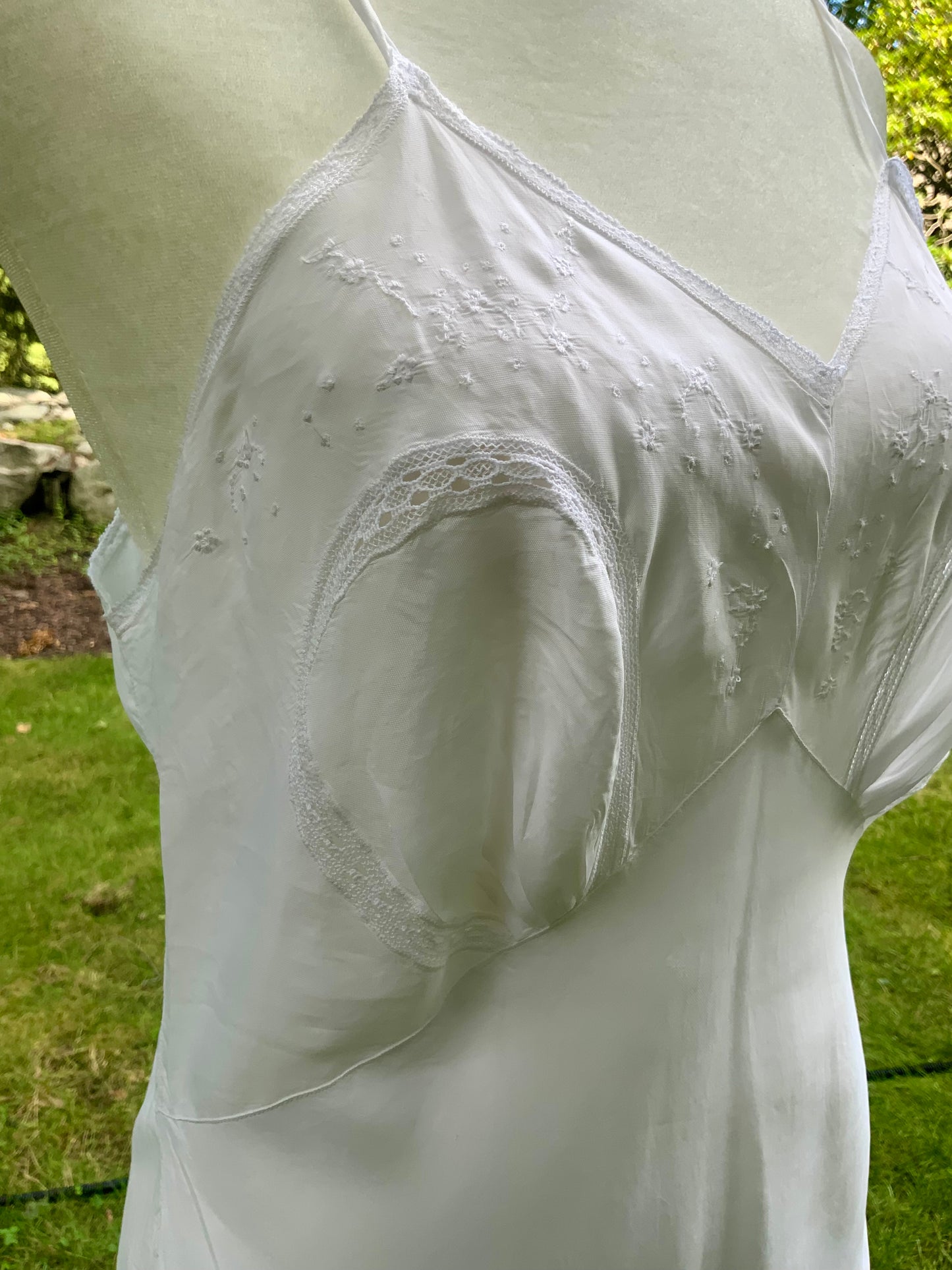 1930s White Satin Nightgown. Embroidered Bias Cut Slip Dress. Bridal Lingerie Gown .30CQ