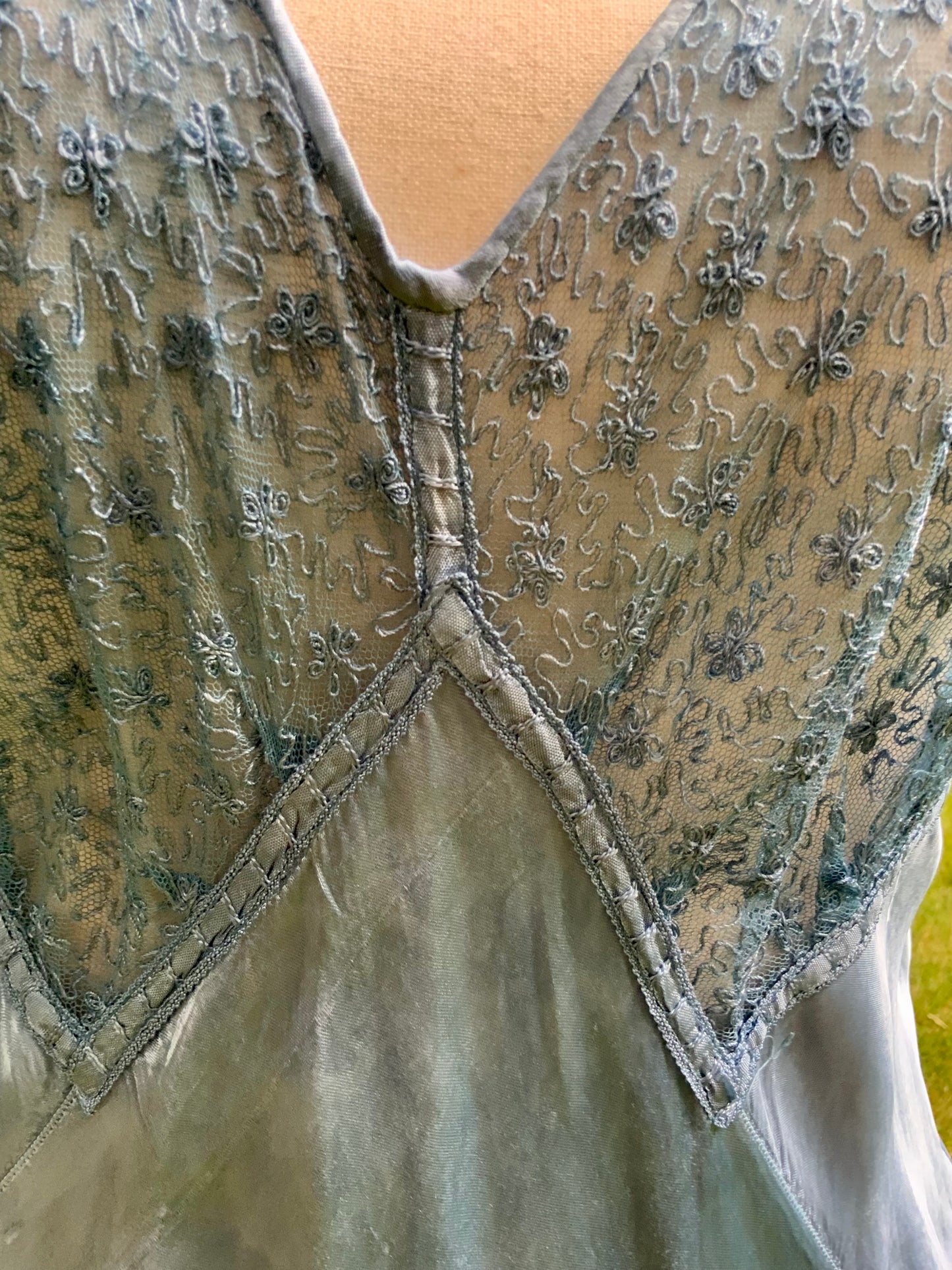 1930s early 40s Hand Dyed Blue Satin Slip Dress | Embroidered Sheer Bodice | Bias Cut Vintage Inspired Lingerie Dress | One of a Kind-40BH