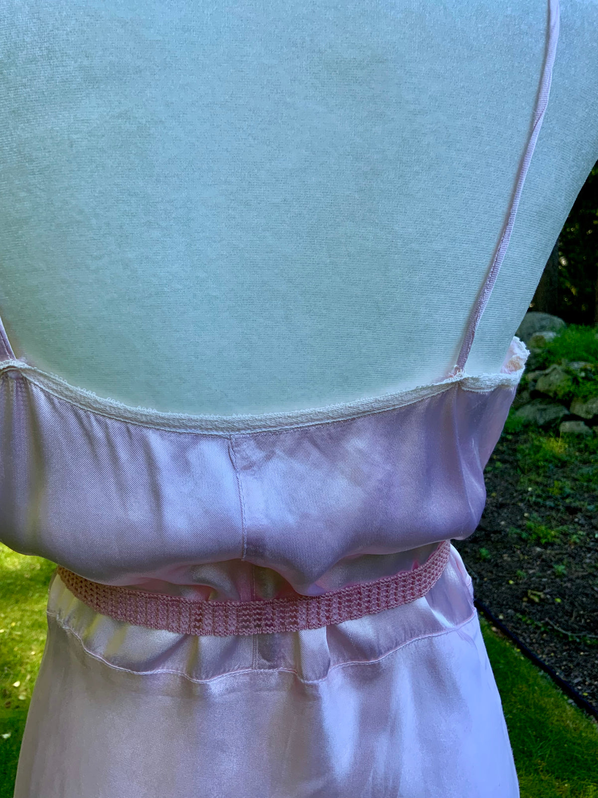 1930s Blush Pink Satin Bias Cut Slip Dress with Pleated Trim.30CN