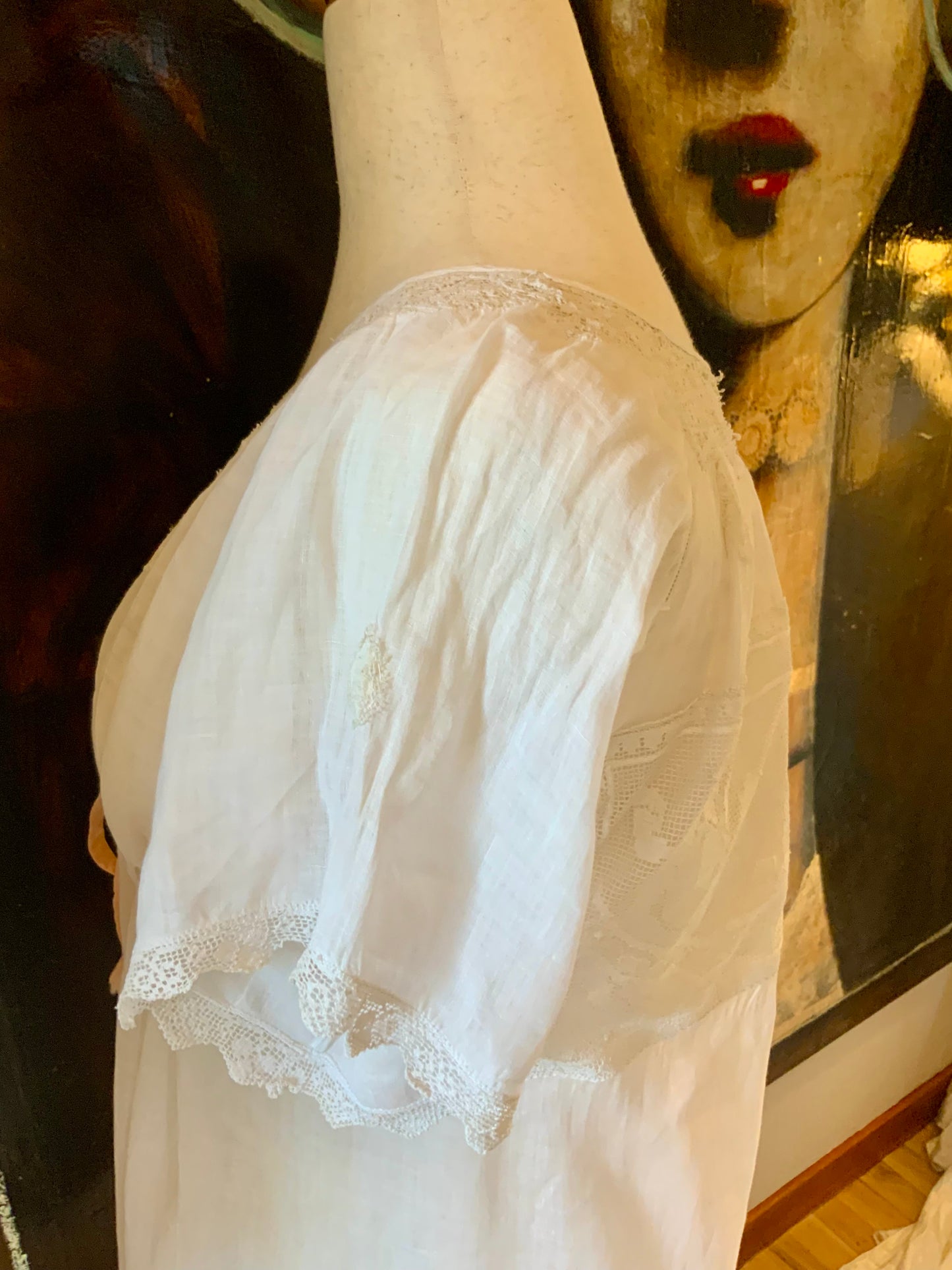 Antique Edwardian Cotton Nightgown “Carmela” Hand Repaired with Filet Lace Appliqués – Restored Heirloom Piece-ED81