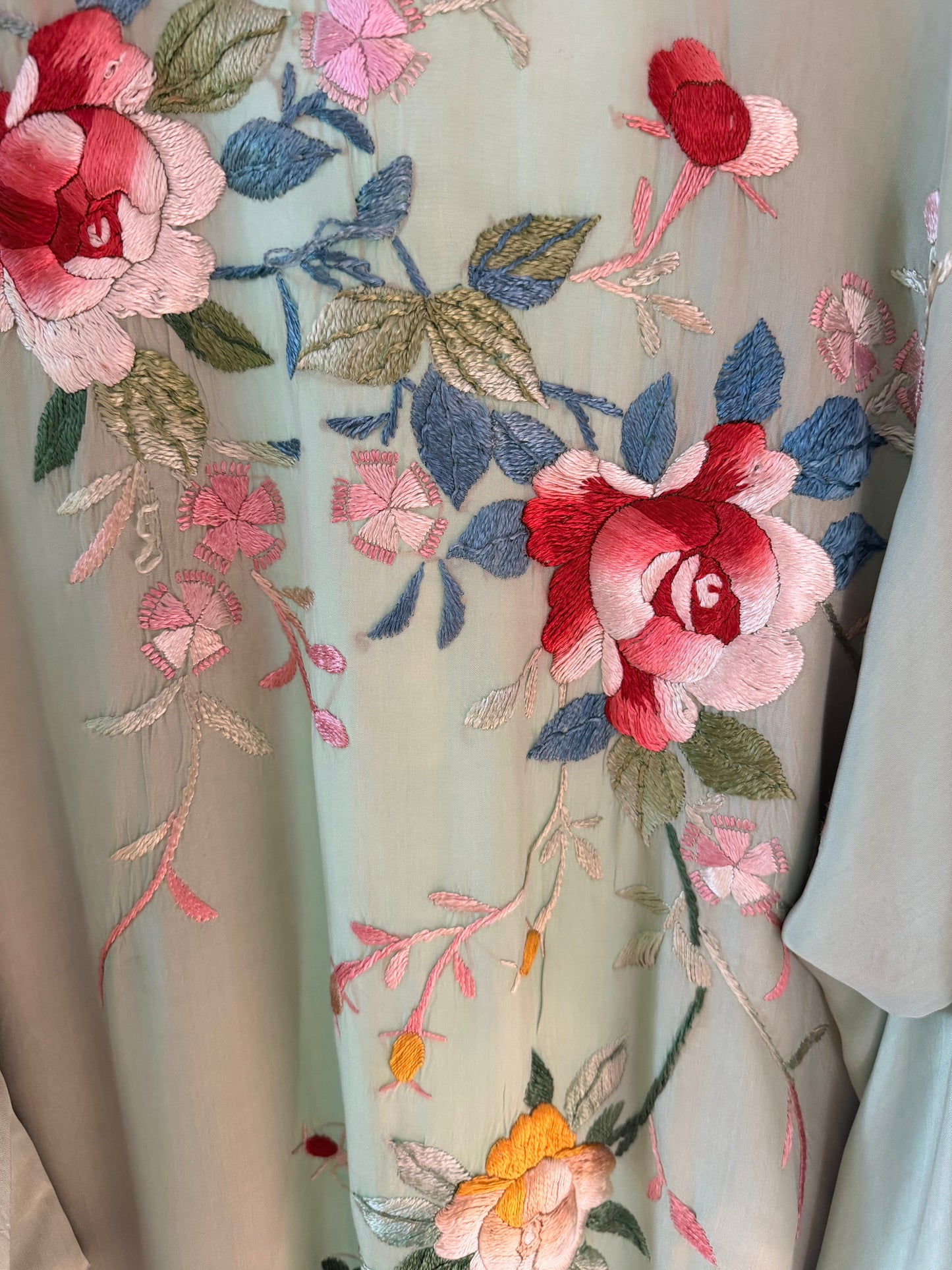 Vintage Japanese Silk Embroidered Kimono | Celadon Green Floral Robe
-40CD